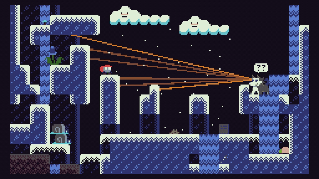 EMUUROM: Character on icy platforms with orange beams connecting to a puzzled creature under cloud sky