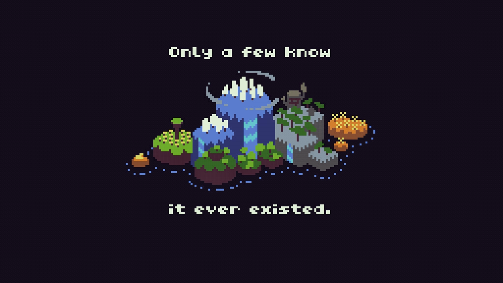 EMUUROM: Pixelated island with mountains, forests, and text "Only a few know it ever existed."