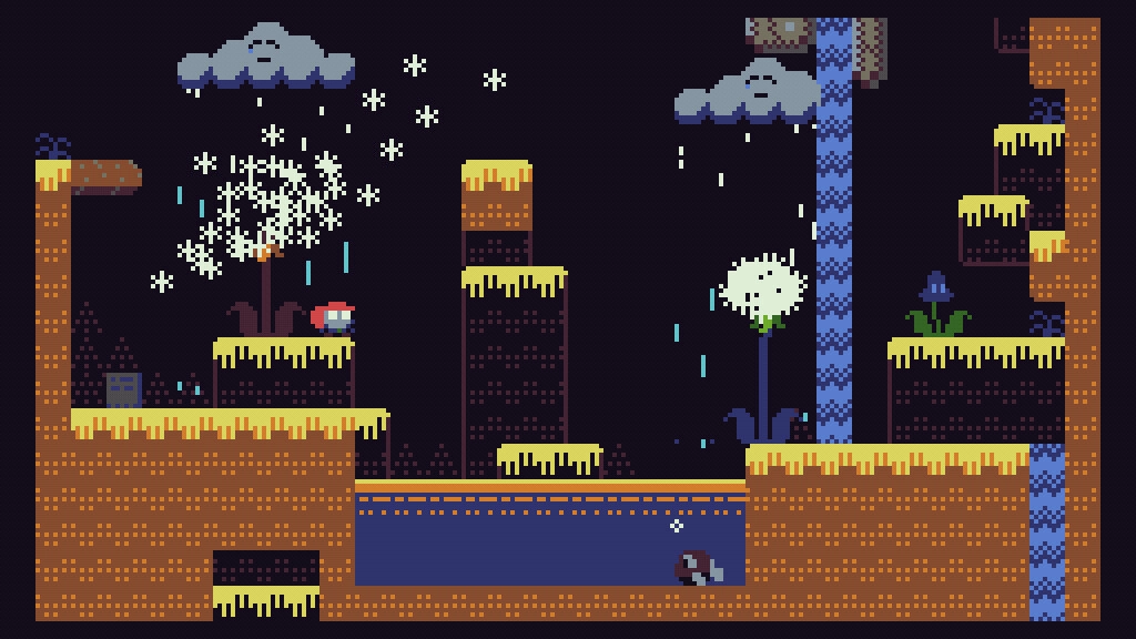 EMUUROM: Exploring pixelated platforms with clouds, rain effects, and a submerged creature in a cave setting.