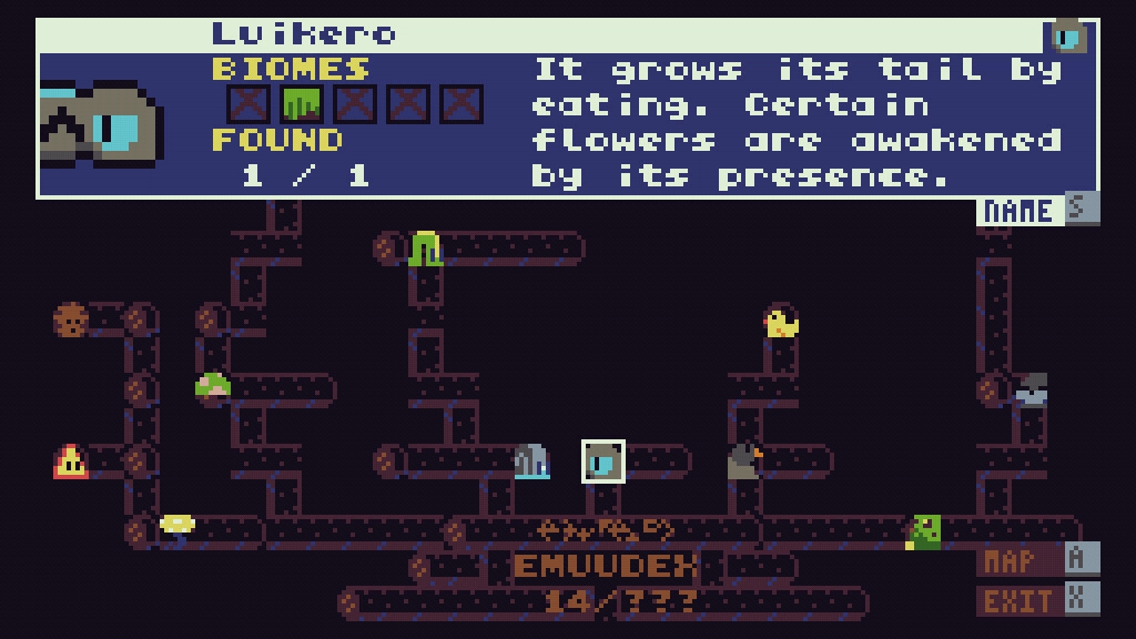 EMUUROM: Character explores maze with creature info panel displaying Luikero's biomes and description.