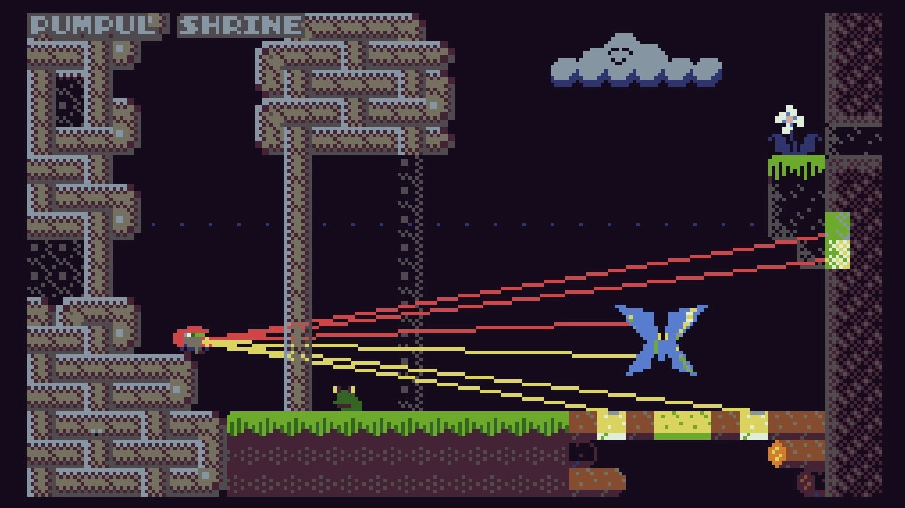 EMUUROM: Player character emits colored beams at Pumpul Shrine with a blue sprite in a pixelated forest