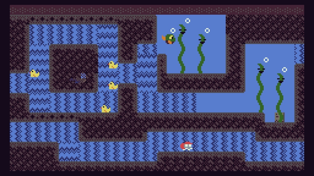 EMUUROM: Underwater puzzle with fish creatures and seaweed in a maze-like cavern environment