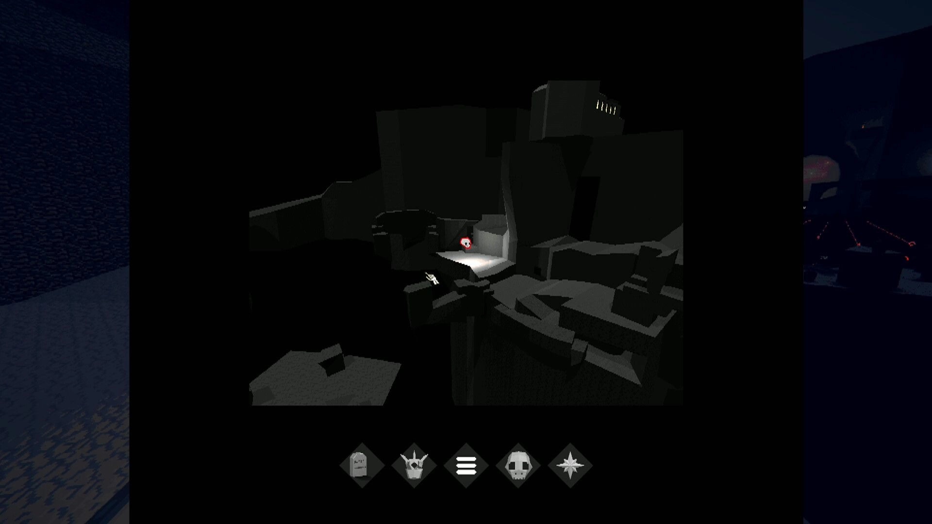 ENCHAIN: Crosshair targets a glowing platform in dark ruins with five diamond HUD icons below.