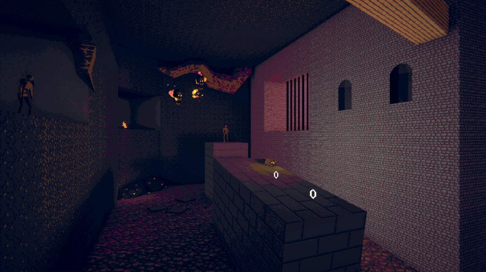 ENCHAIN: First-person view aiming at a brick platform and barred window in a dark cavern corridor.