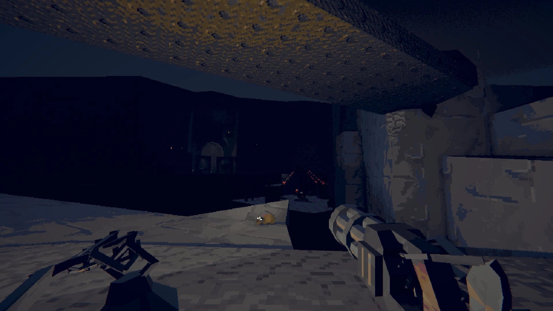 ENCHAIN: First-person view aiming a sci-fi gun in a dark cavern corridor with stone blocks and glow embers.