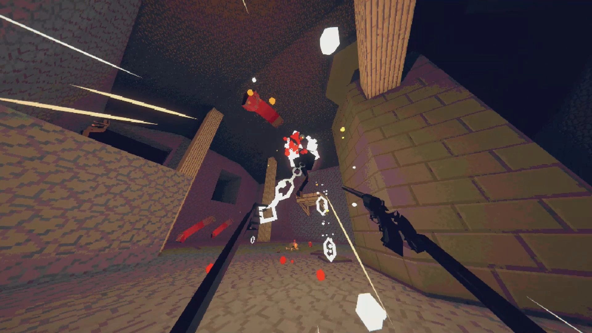 ENCHAIN: First-person grappling and shooting at a flying enemy in a cavern with stone pillars.