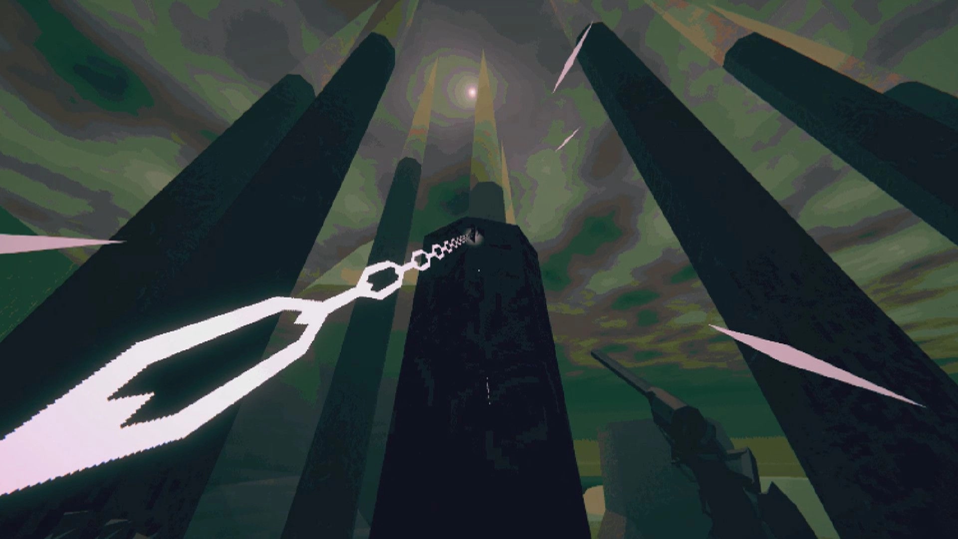 ENCHAIN: Grappling chain shoots toward a tall pillar in a misty green cavern with looming columns.
