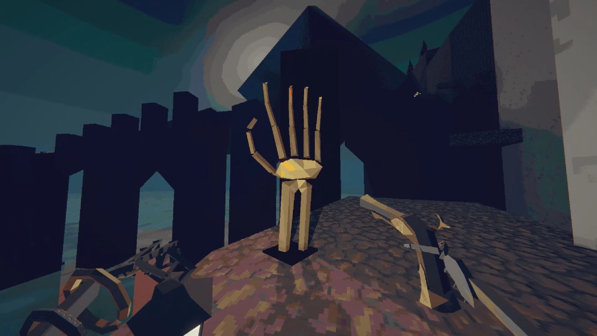 ENCHAIN: First-person view aiming at a tall skeletal hand statue on a stone platform by dark ruins.