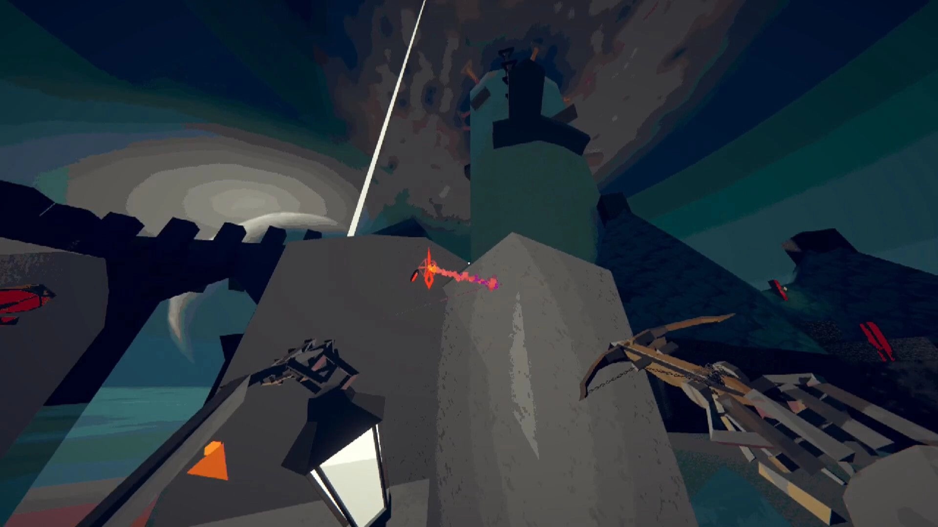 ENCHAIN: First-person crossbow aim with red reticle at tall tower in surreal blue cavern arena.
