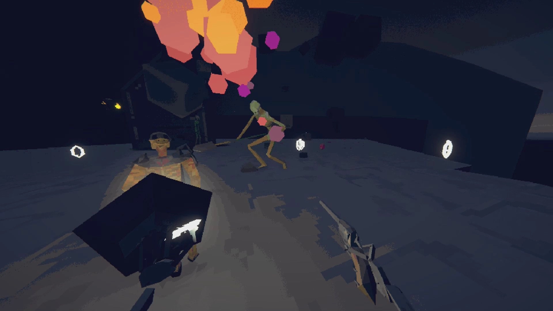 ENCHAIN: First-person view aiming a pistol at a lanky undead on a dark rocky platform arena.