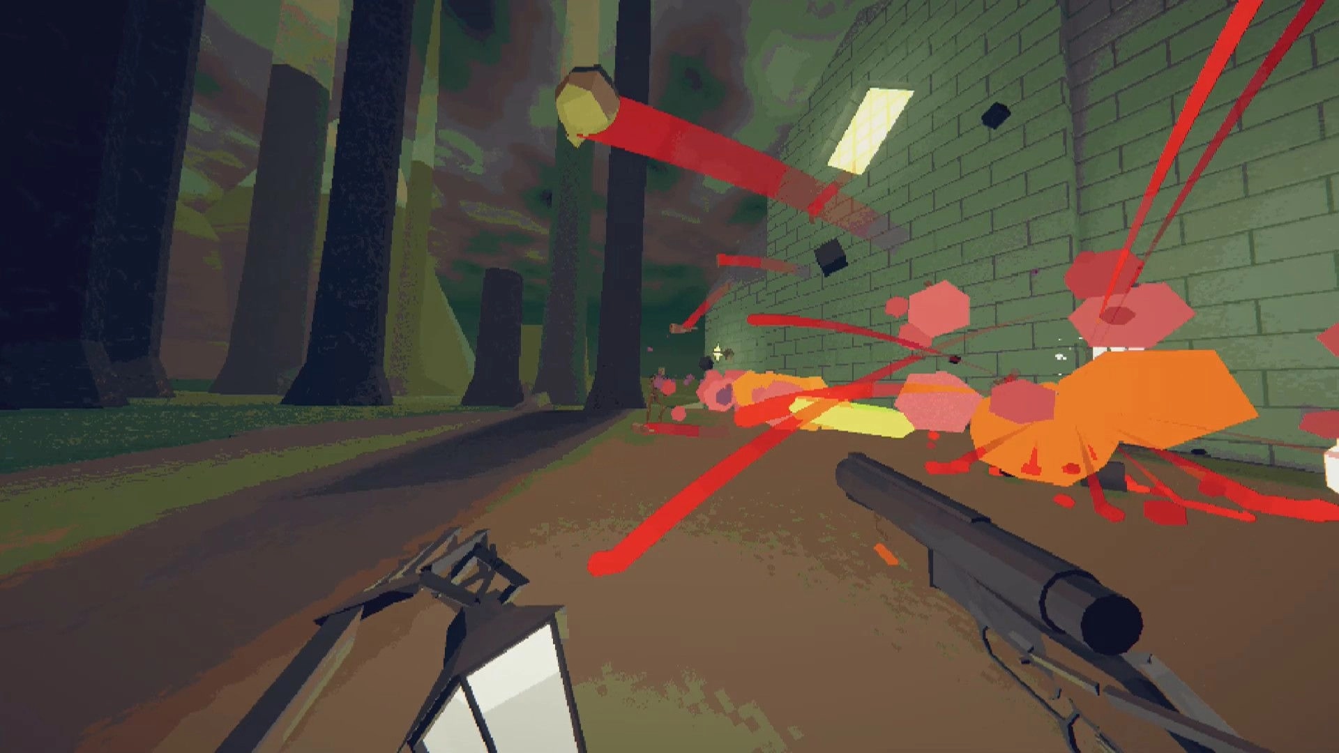 ENCHAIN: First-person shotgun blast with red gore splatter beside a brick wall in dark forest path.