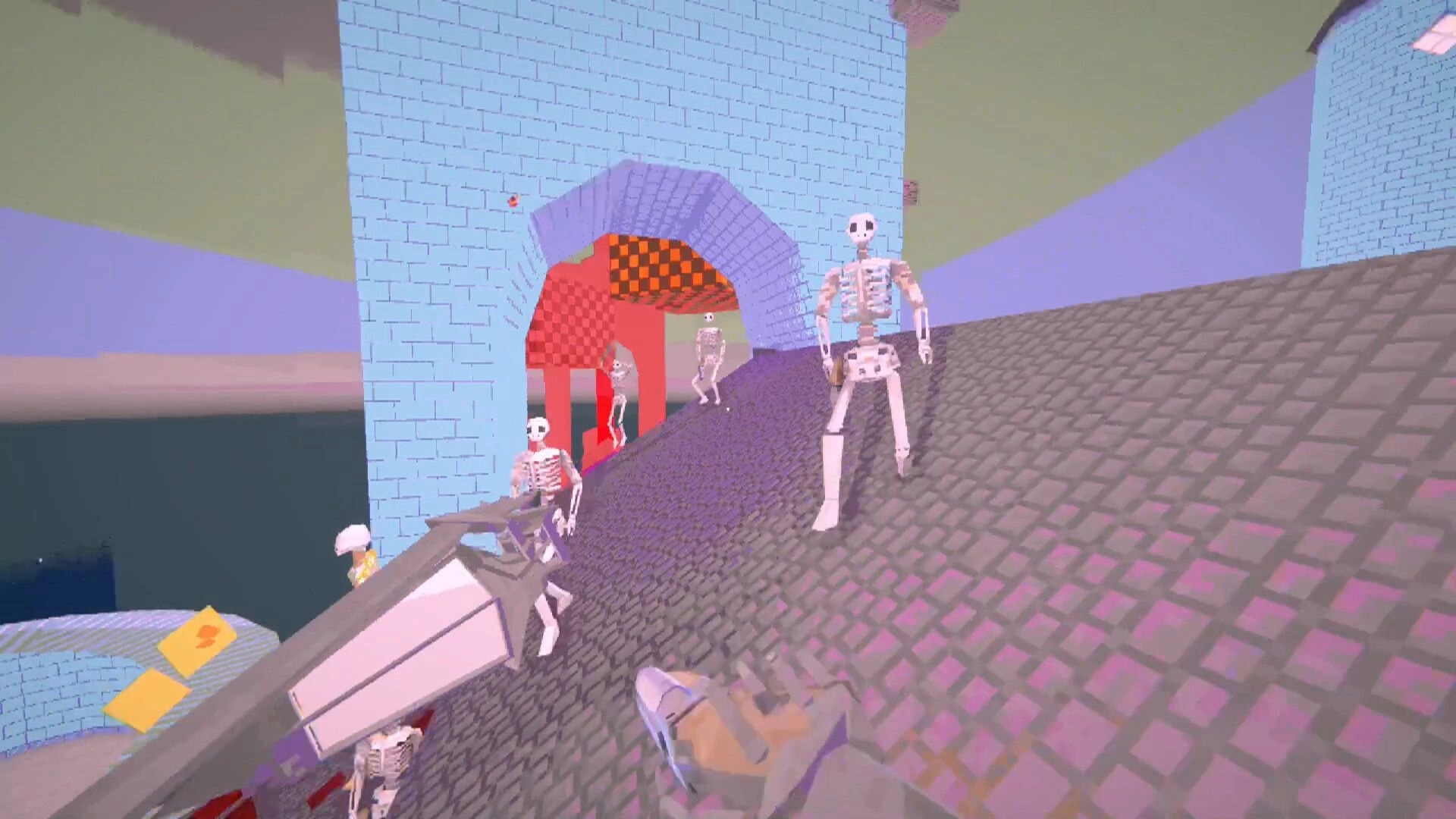 ENCHAIN: First-person shooter aiming at skeleton enemies on a sloped rooftop by a brick archway.