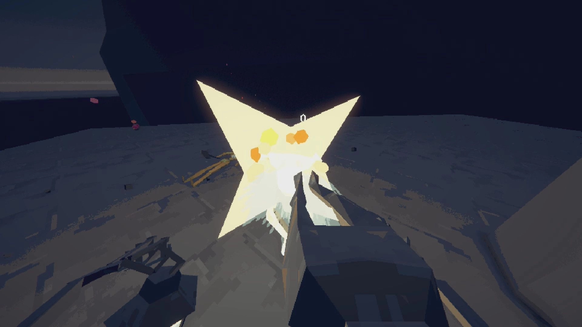 ENCHAIN: First-person view aiming at a glowing starburst enemy on a dark stone platform arena.