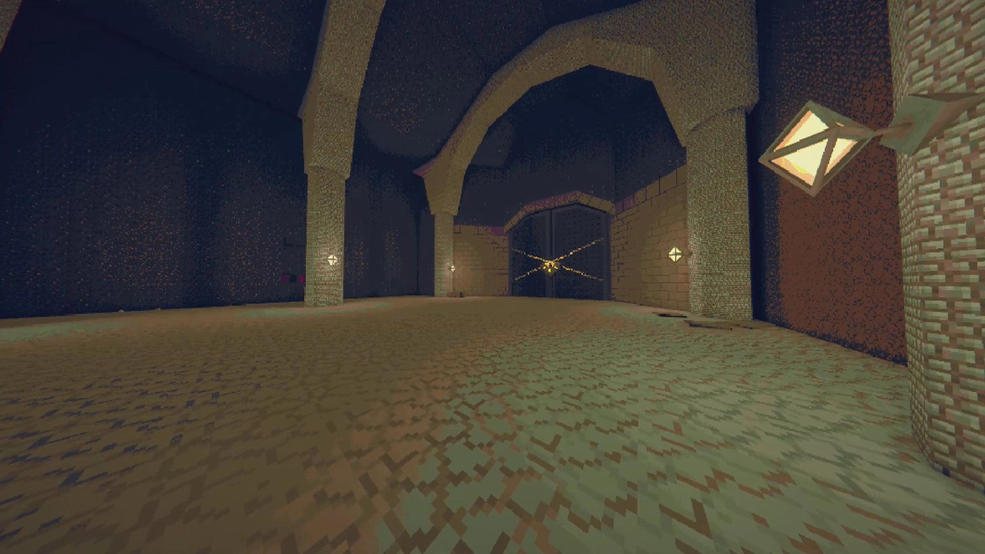 ENCHAIN: Empty stone hall facing a chained double door under archways lit by wall lanterns.