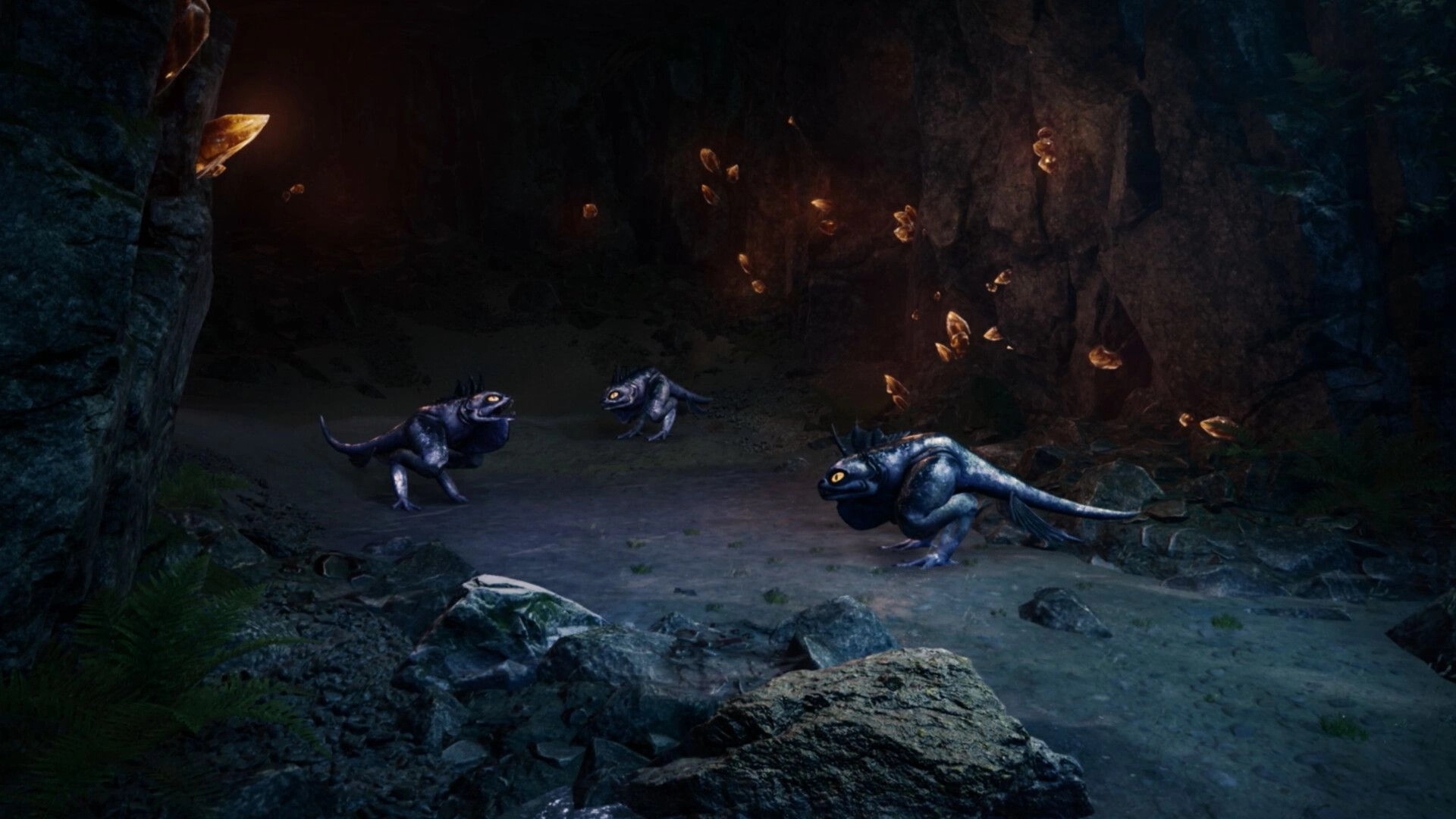 End of Eden: Three blue lizardlike creatures prowl a dim cavern with glowing fungi on rocky walls.