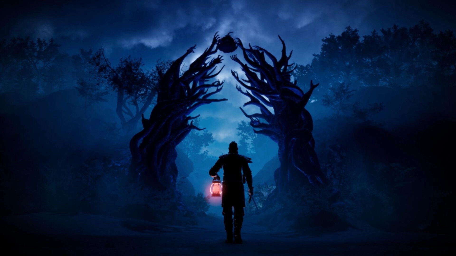 End of Eden: Adventurer holding a lantern walks under a twisted tree arch in a foggy night forest.