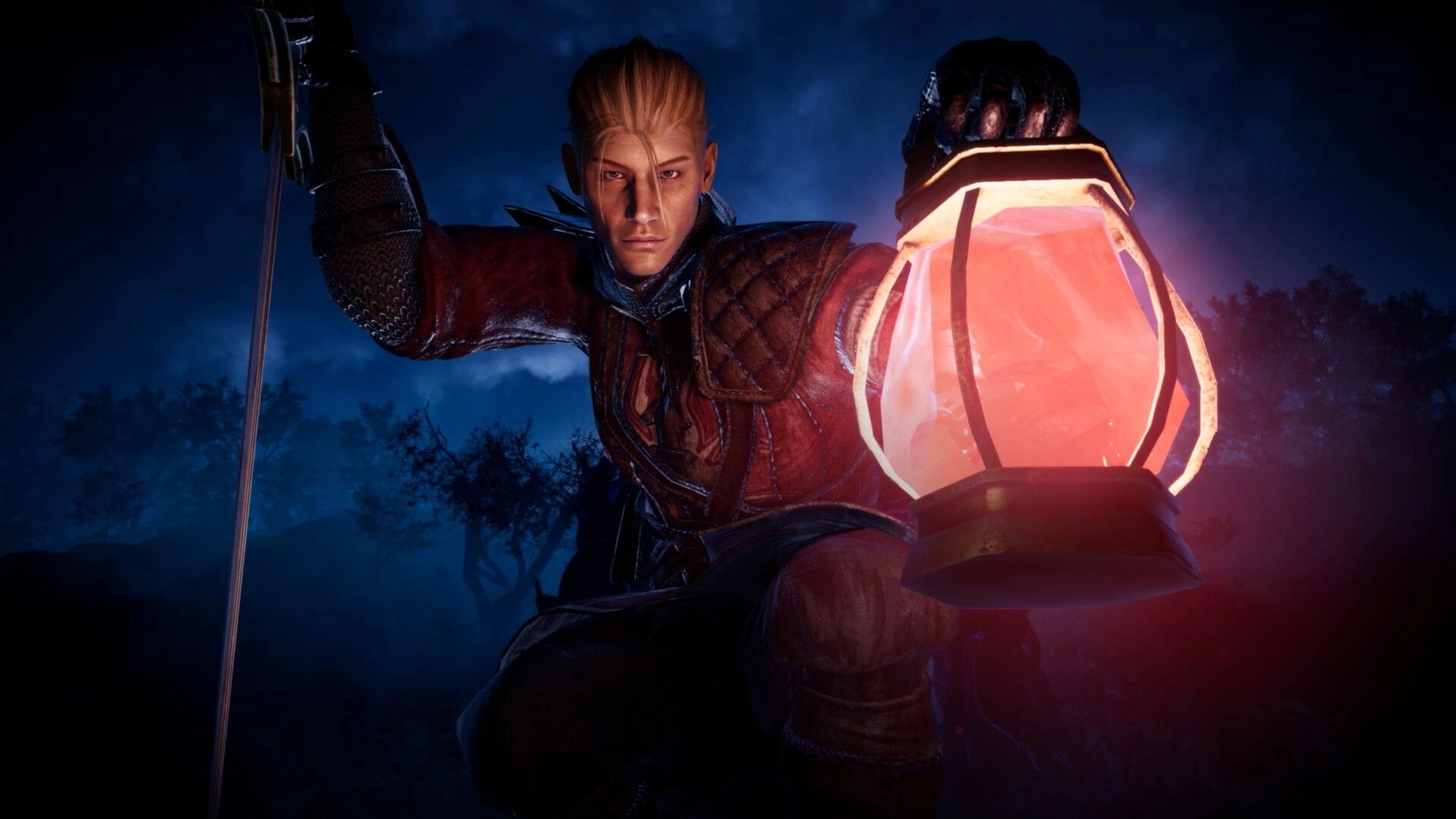 End of Eden: Armored warrior raises a sword and glowing lantern in a dark, misty forest at night.