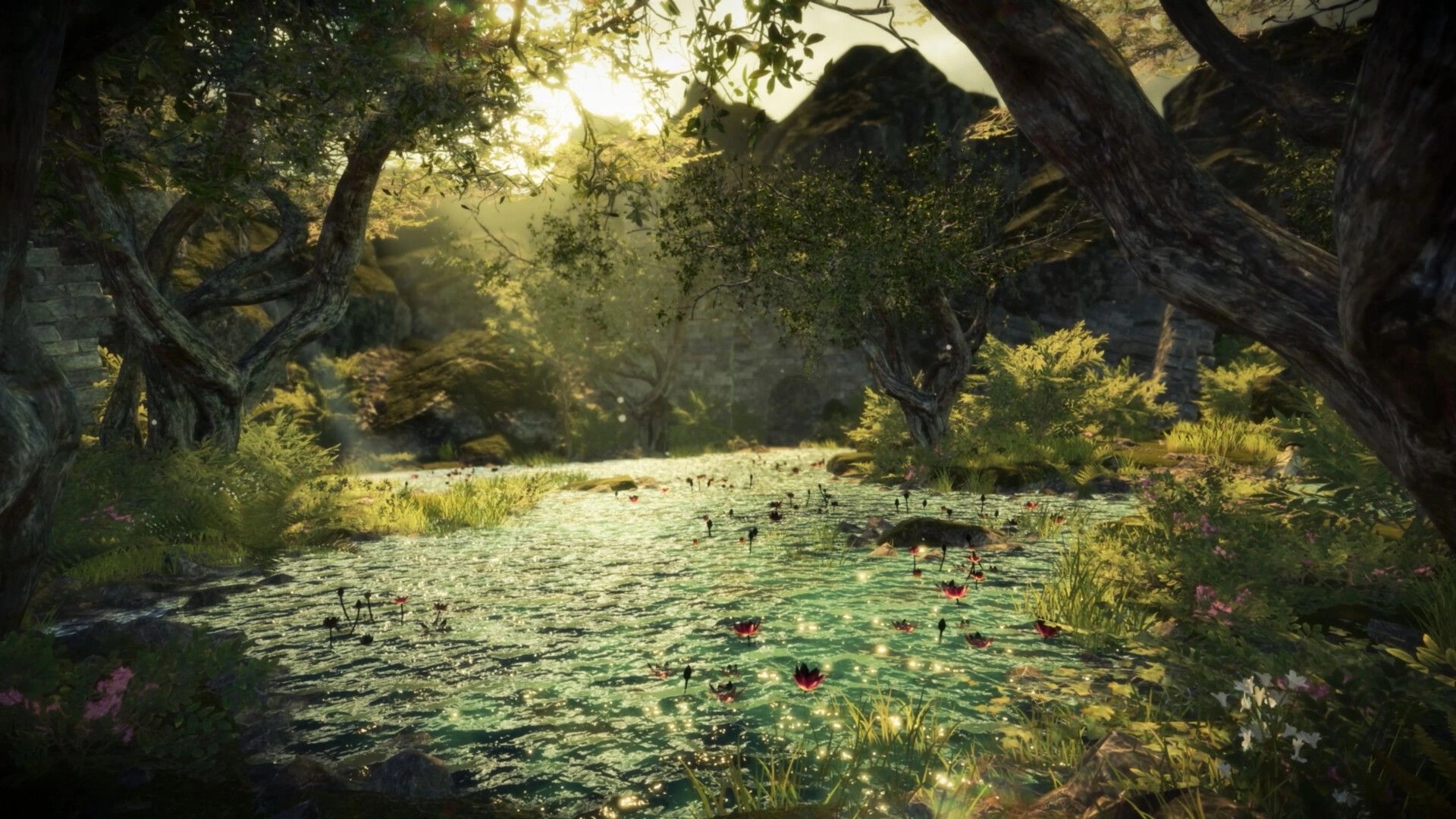 End of Eden: Sunlit pond with floating flowers and sparkling water in a lush forest clearing.