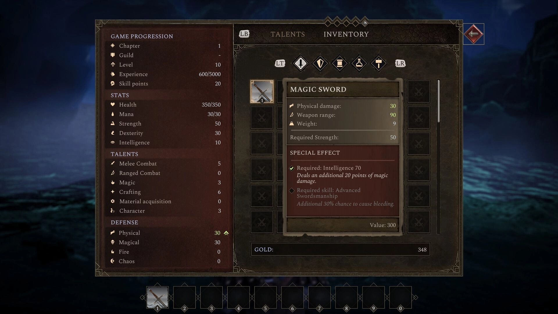 End of Eden: Inventory and talents menu highlighting Magic Sword stats over a blurred coastal backdrop.
