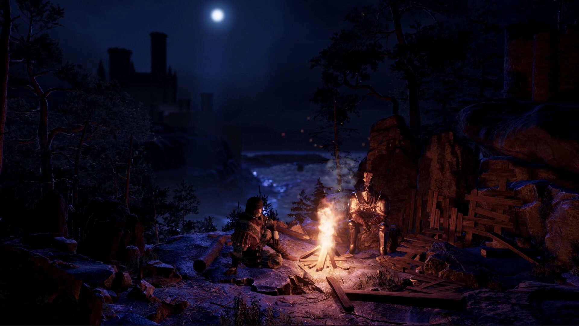 End of Eden: Two adventurers rest by a campfire on a cliffside at night, moonlit lake below.