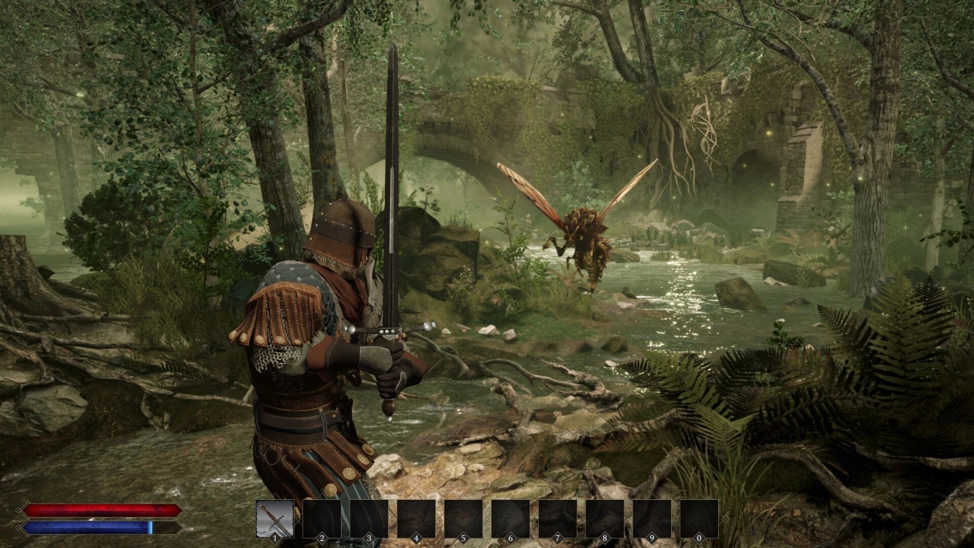 End of Eden: Armored swordsman aims at giant wasp enemy by a river under a mossy stone bridge.