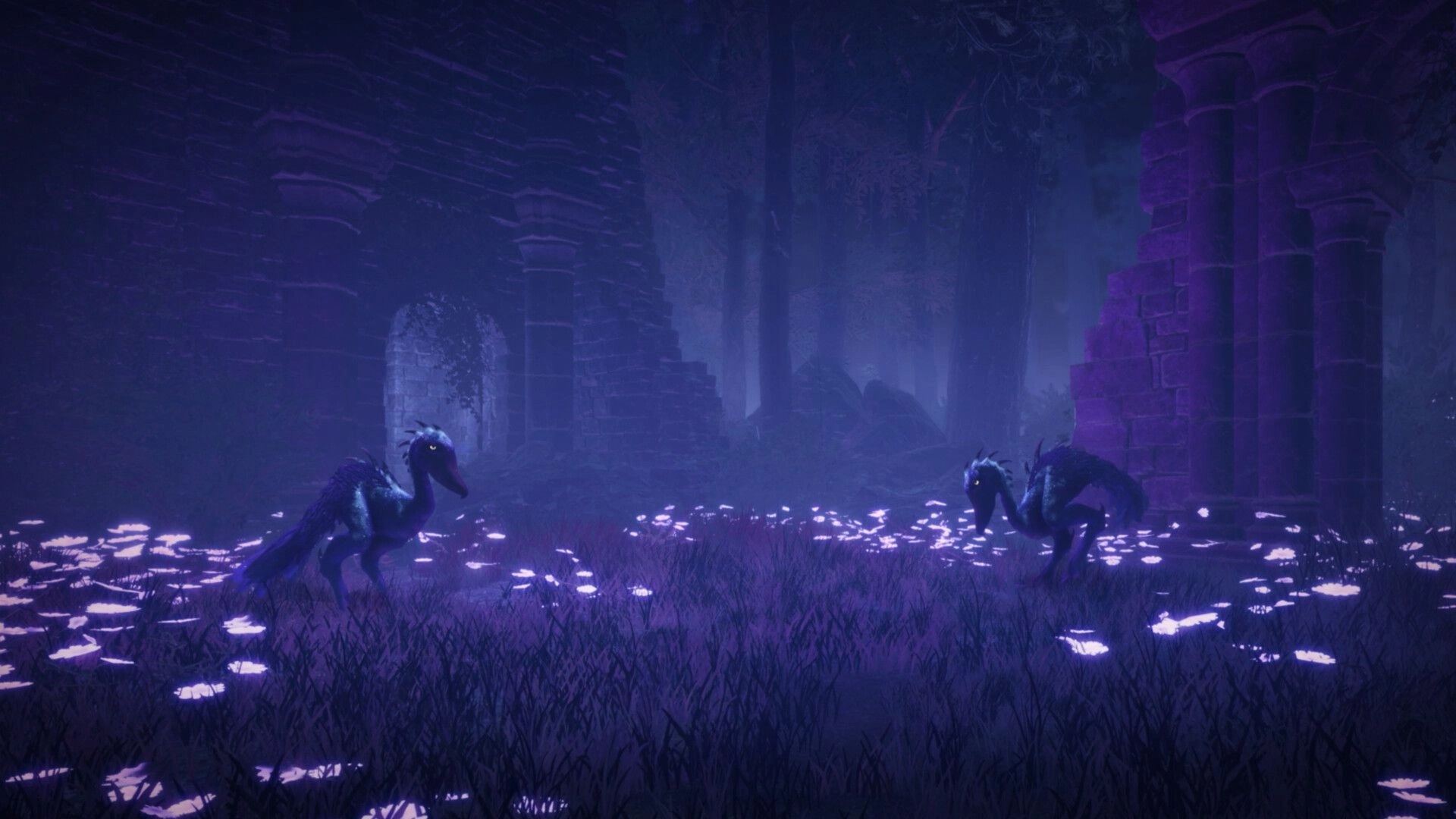 End of Eden: Two shadowy birdlike creatures face off amid glowing flowers in misty ruined forest ruins.