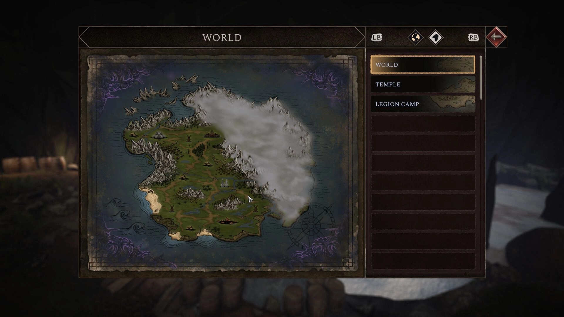 End of Eden: World map menu with fogged eastern region and location list tabs on parchment UI.