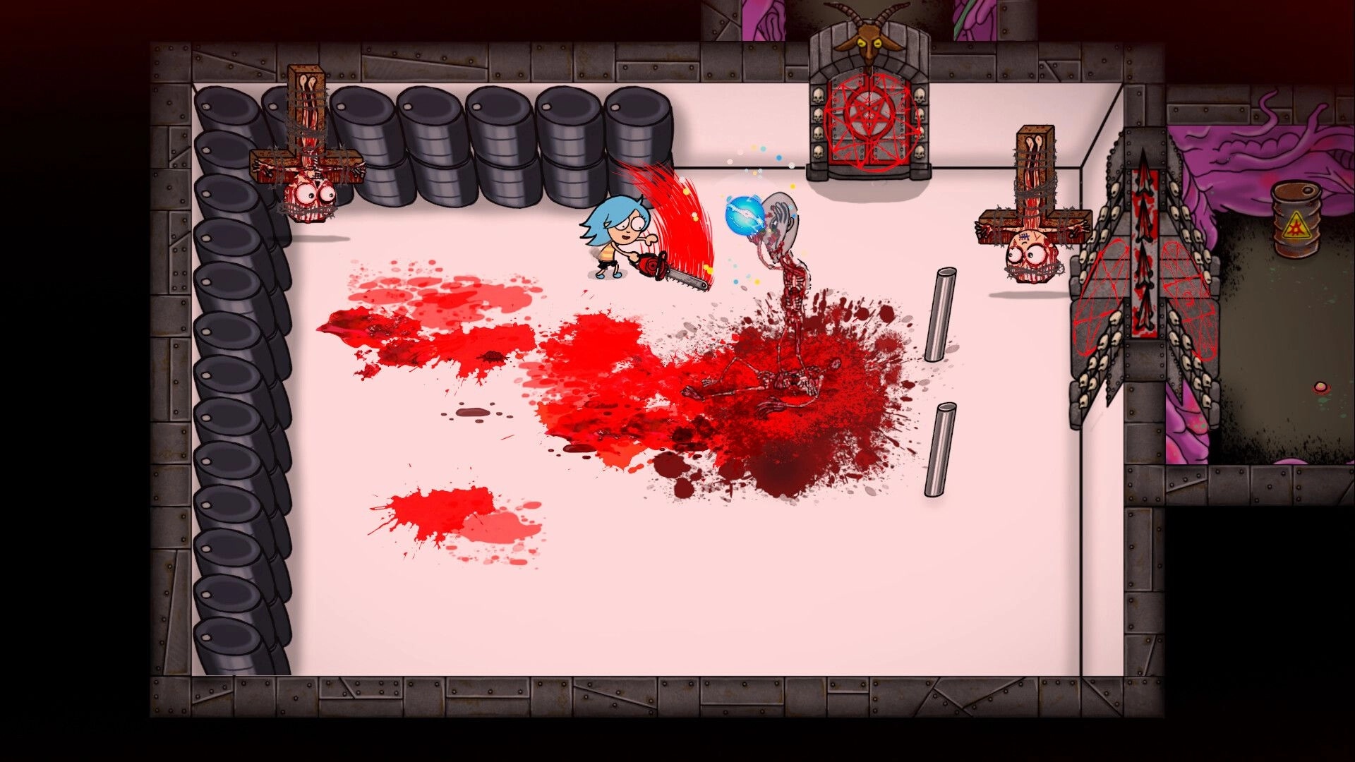 End of Ember: Character with chainsaw battling demon in blood-splattered room with barrels and symbols