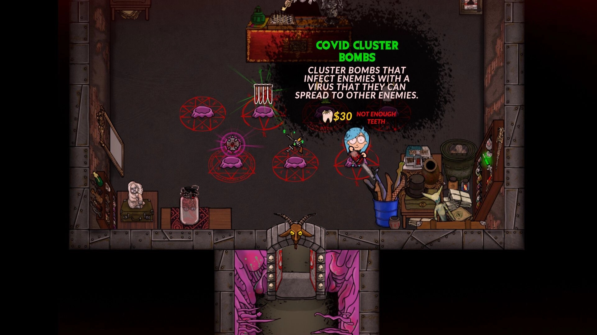 End of Ember: Character examines upgrade items in a cluttered room with a demonic door and UI text