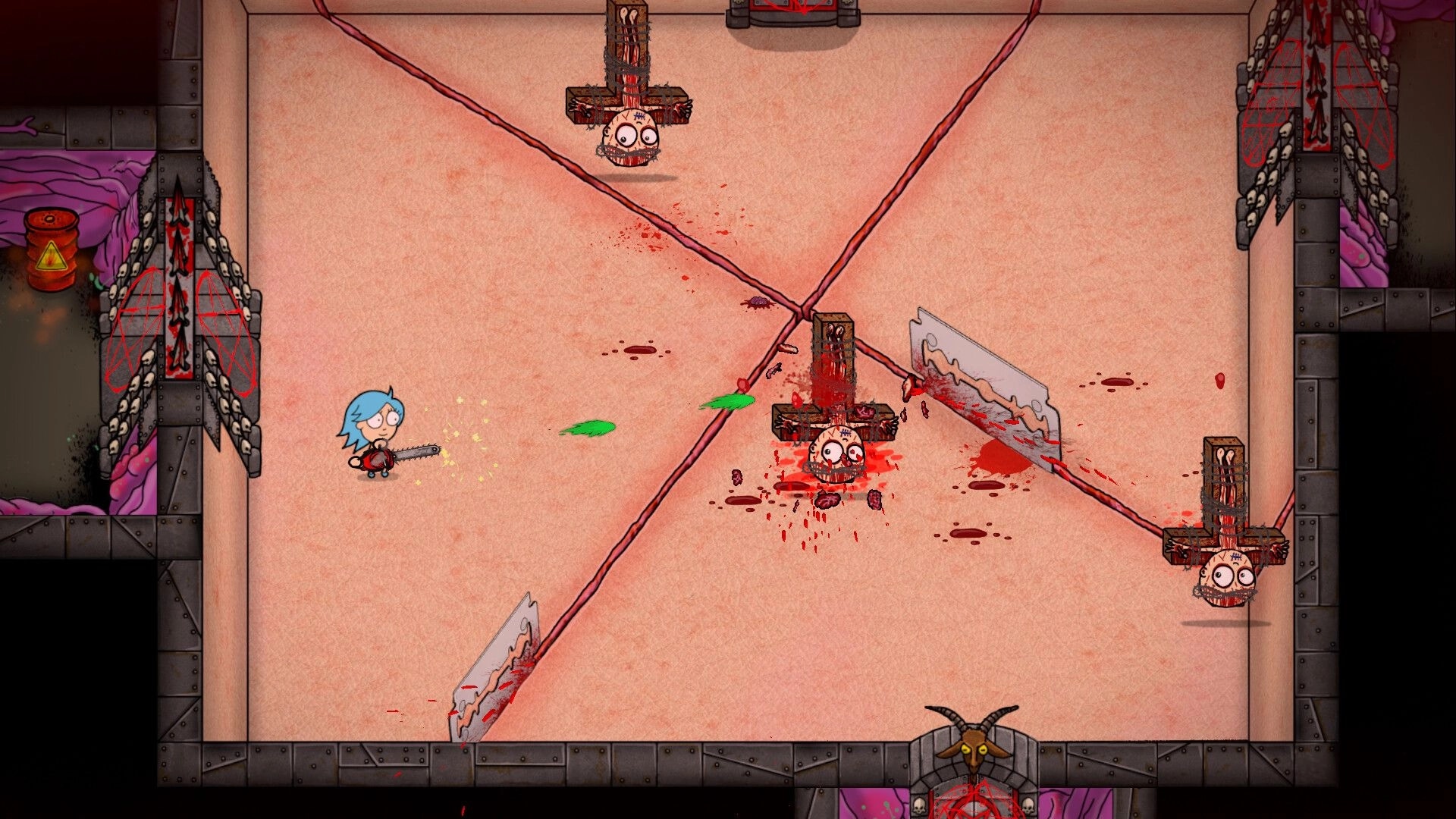 End of Ember: Character with chainsaw battling demons in a blood-stained dungeon room with traps