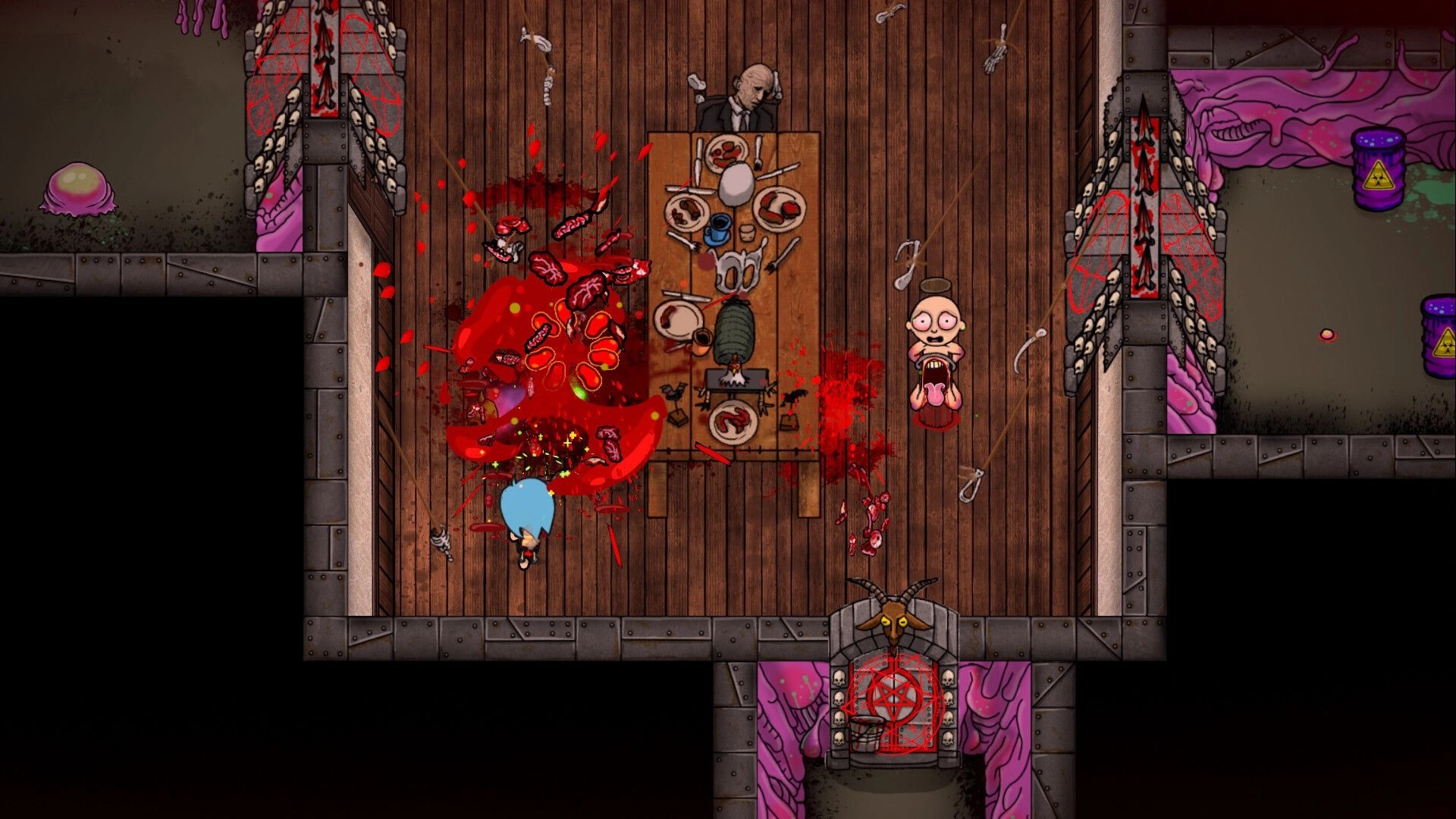 End of Ember: Character fights in a blood-splattered dining room with grotesque decor and toxic barrels.