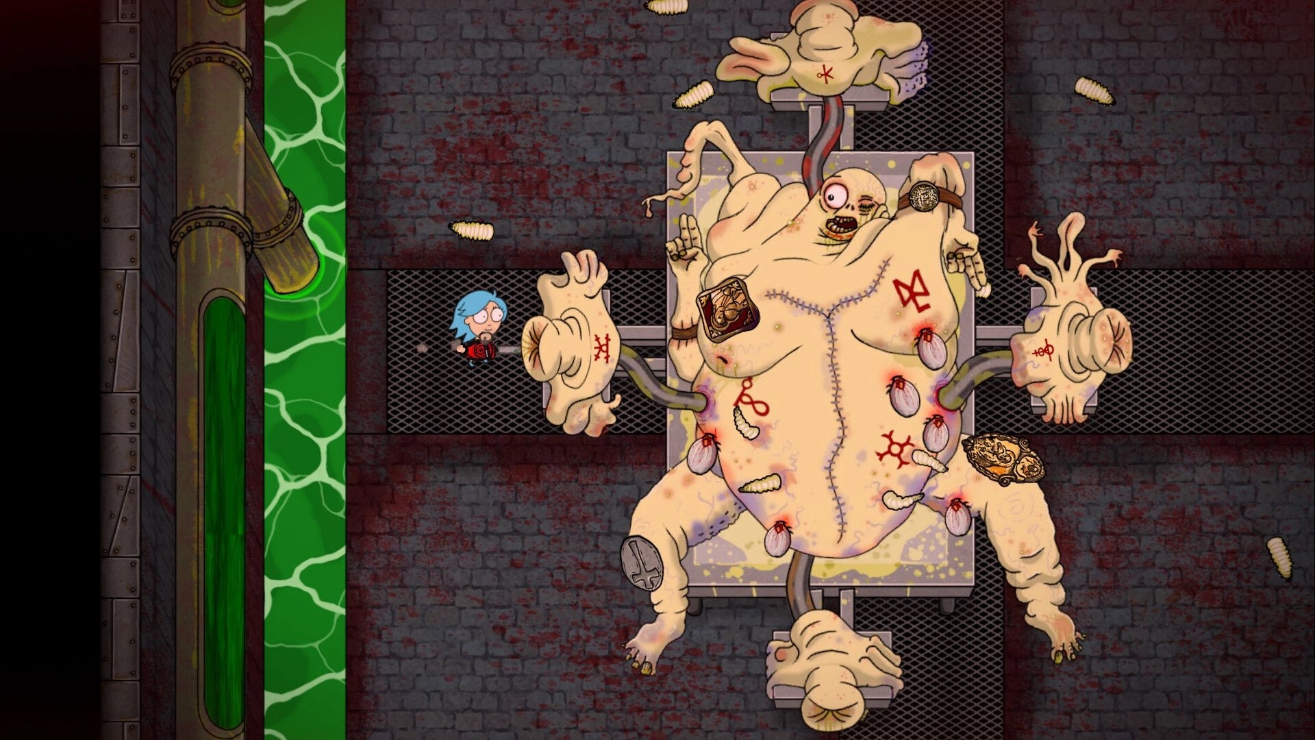 End of Ember: Player faces grotesque demon boss in industrial sewer with green toxic sludge flow