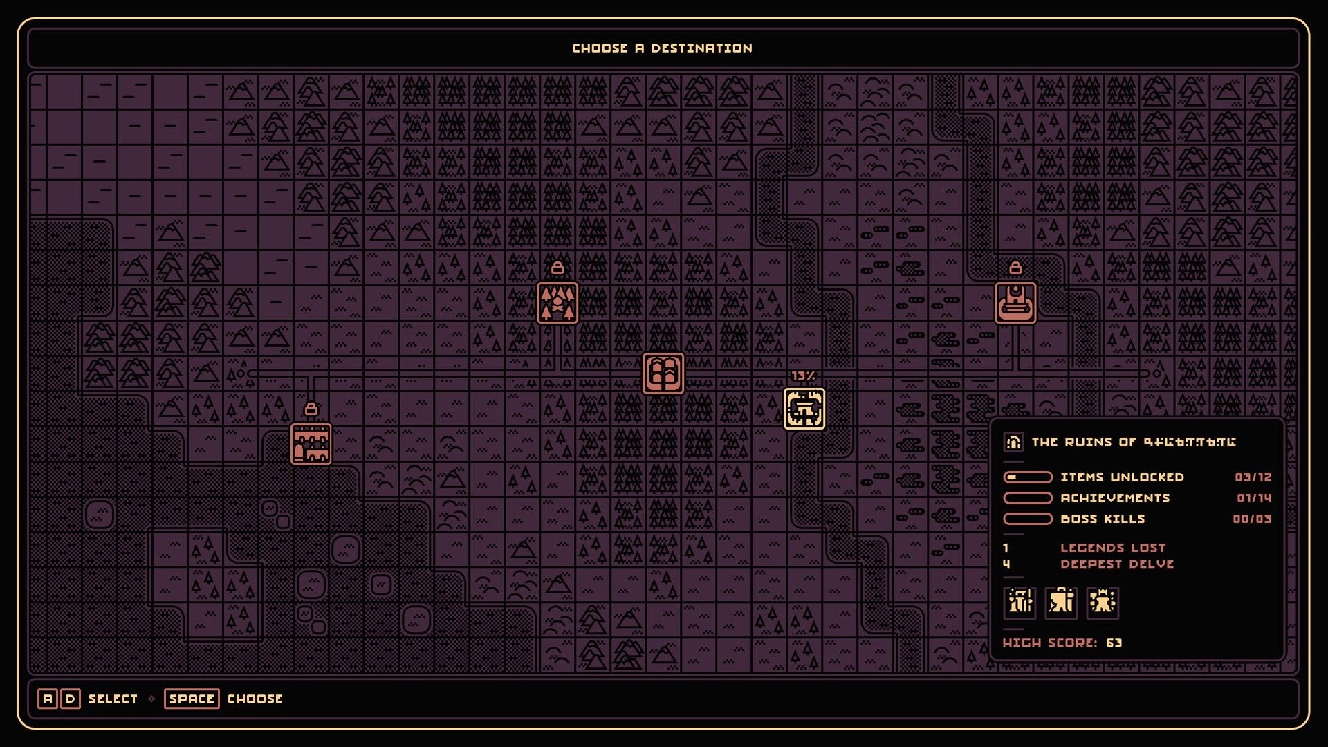 End of End: Destination map selection with locked nodes and Ruins progress panel on grid overworld map.