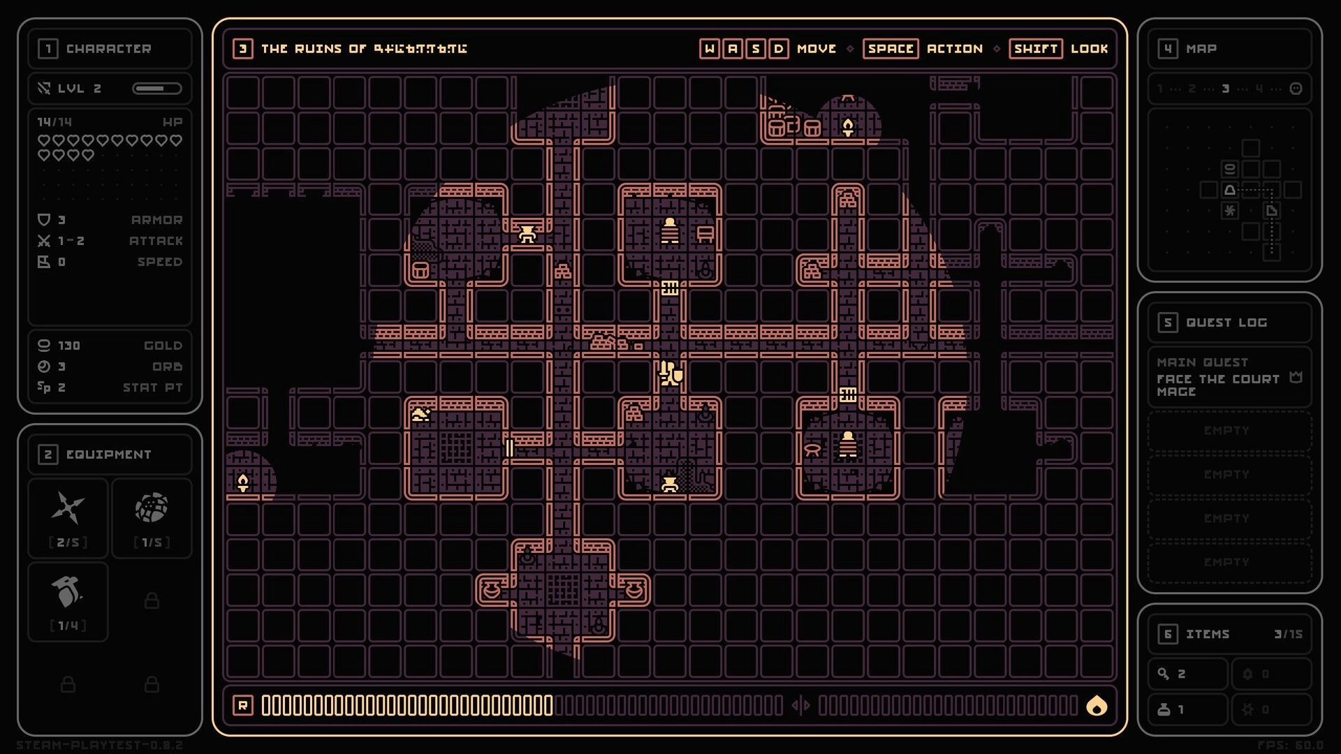 End of End: Dungeon map view with explored corridors and icons, character stats and quest log UI panels.