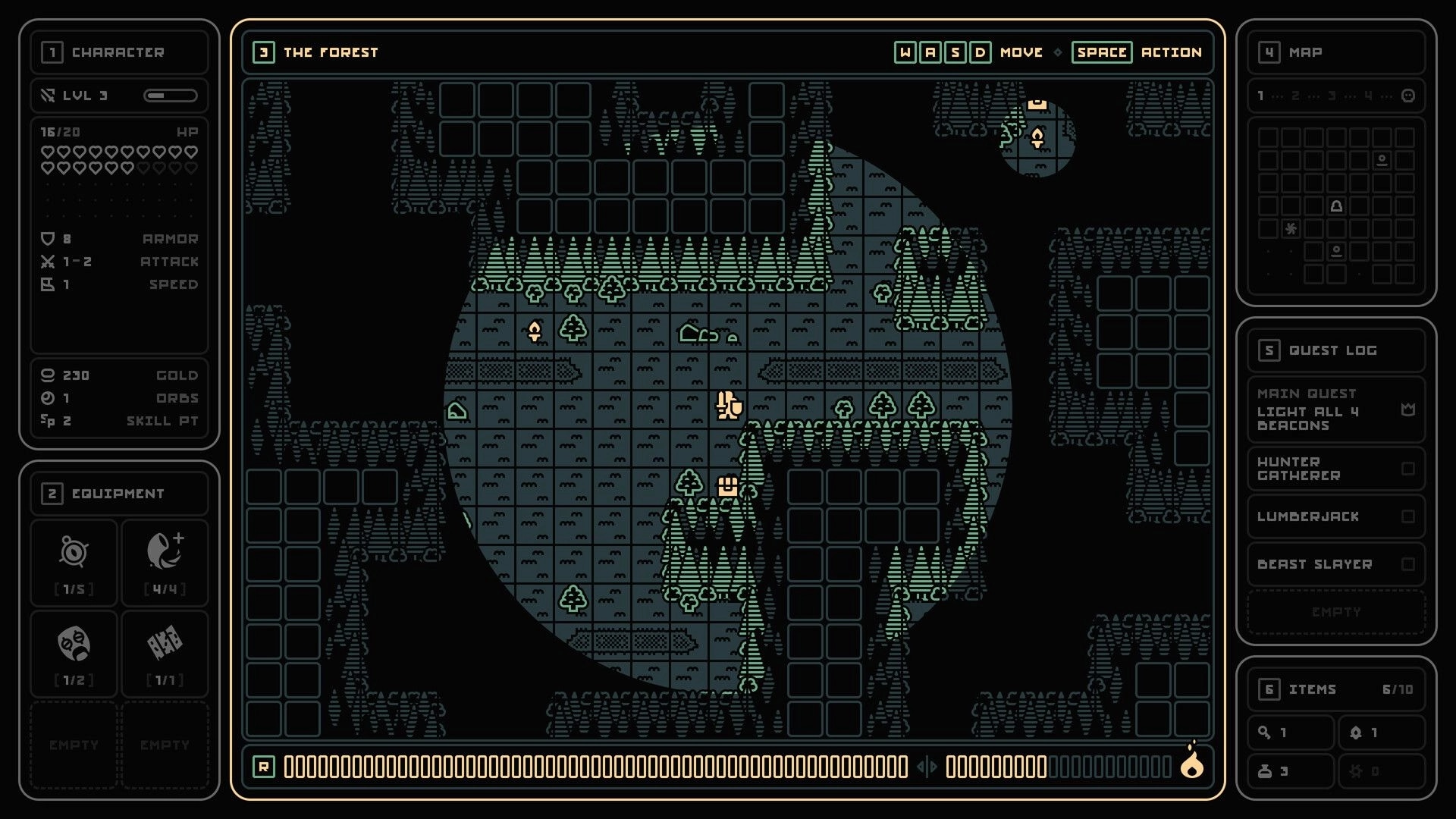 End of End: Overhead forest map with grid tiles, player icon, and character, quest, and item panels.