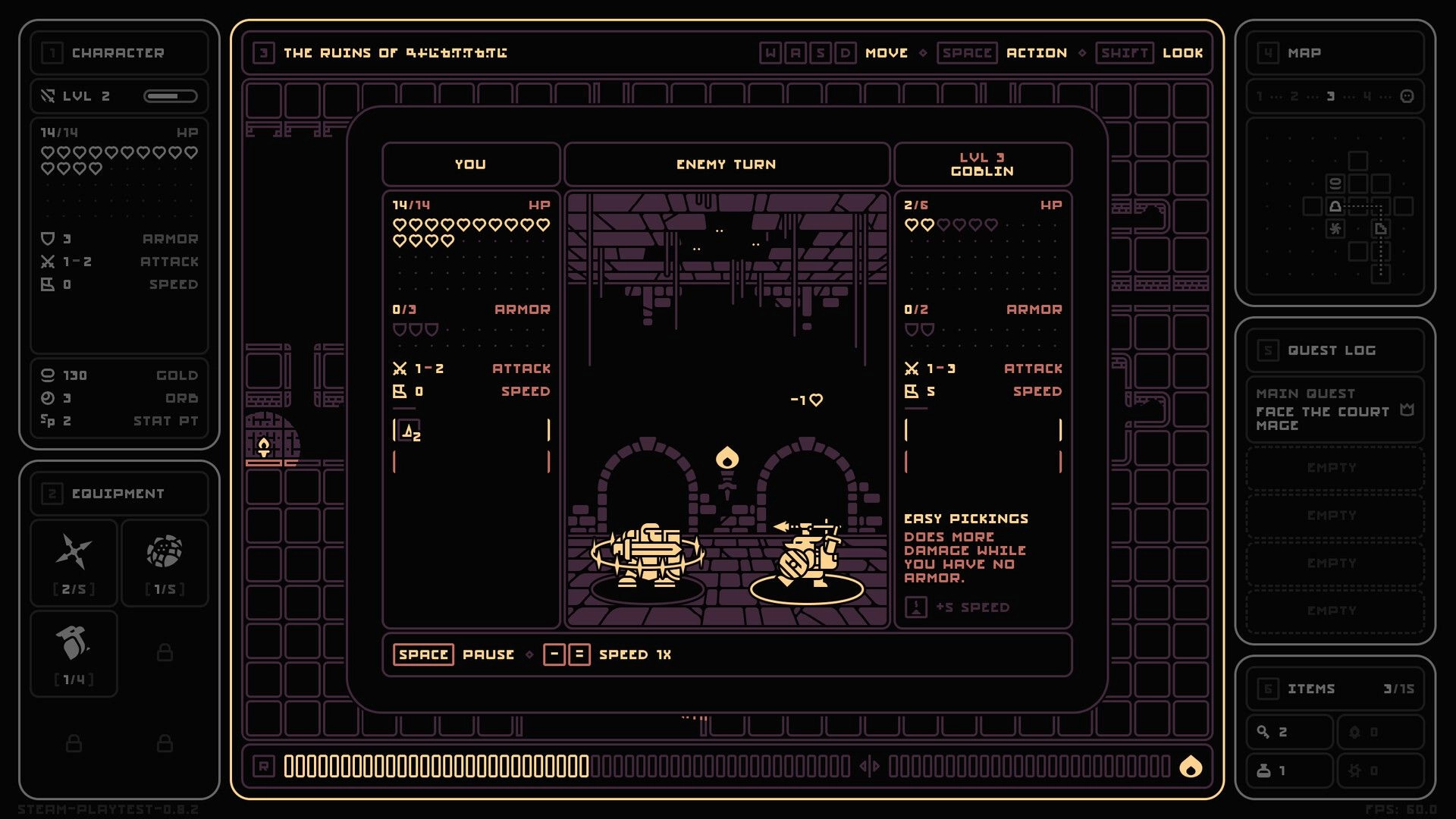 End of End: Turn-based fight versus a level 3 goblin in ruins, with character stats and map UI.