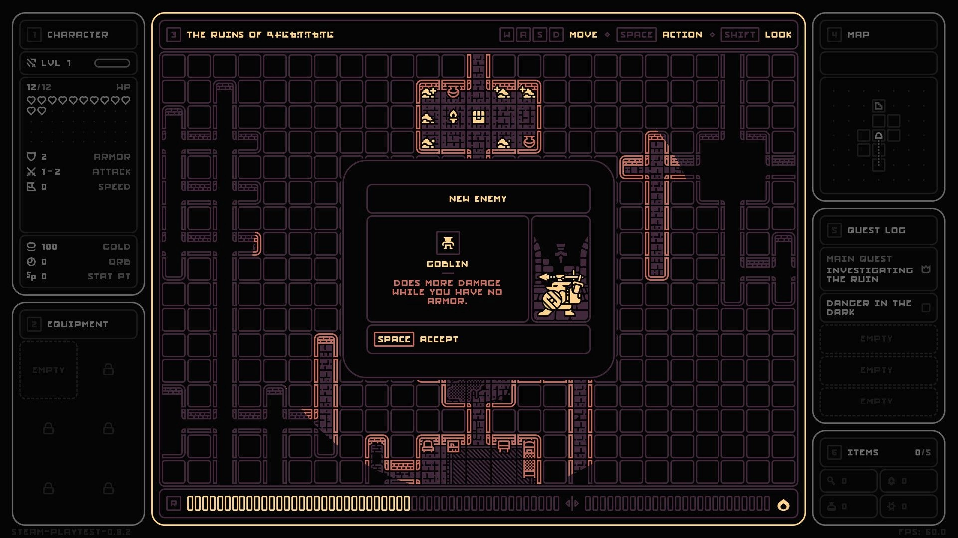 End of End: New enemy pop-up for Goblin over dungeon map grid with character stats and quest log UI.