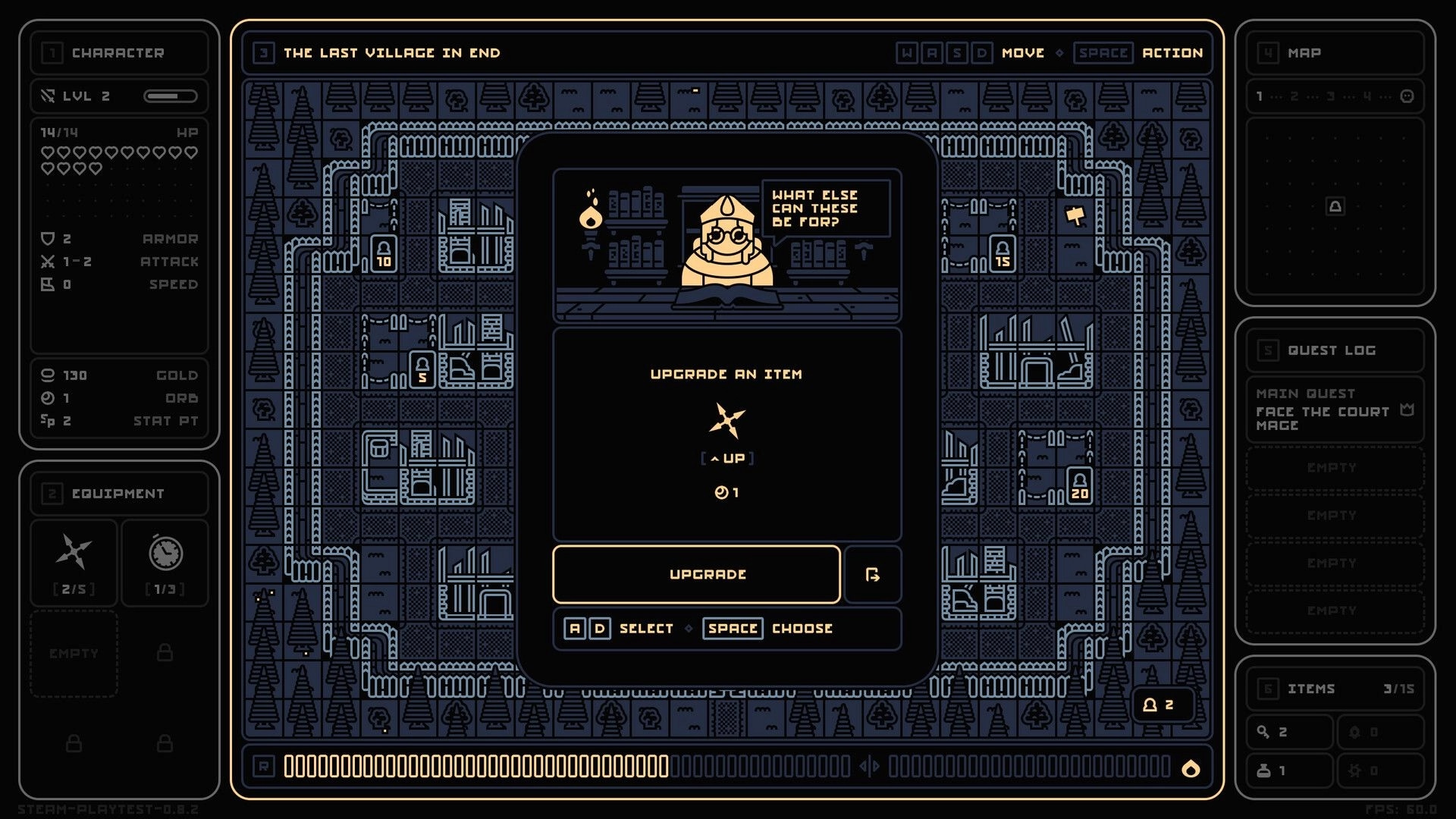 End of End: Upgrade item menu with villager dialogue over village map grid and side UI panels.