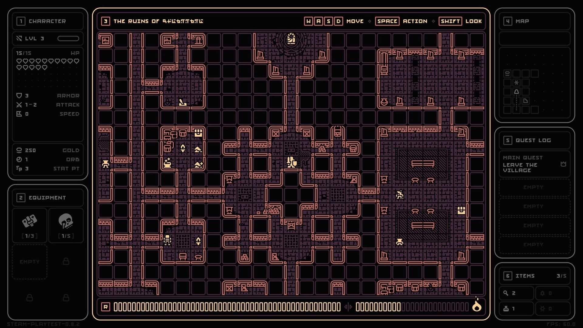 End of End: Overhead dungeon map with character and quest UI panels in The Ruins of Aychattatl.