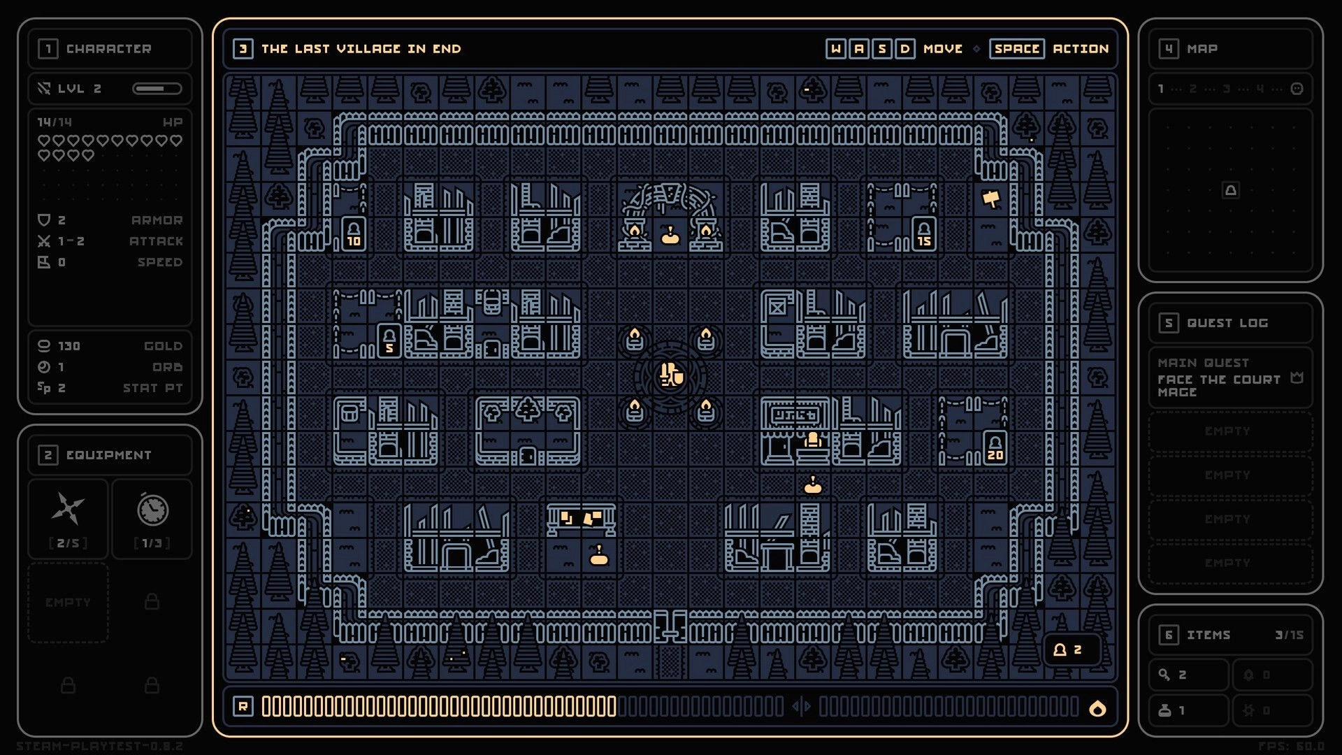 End of End: Village map screen with character stats and quest log UI in a walled town grid map.