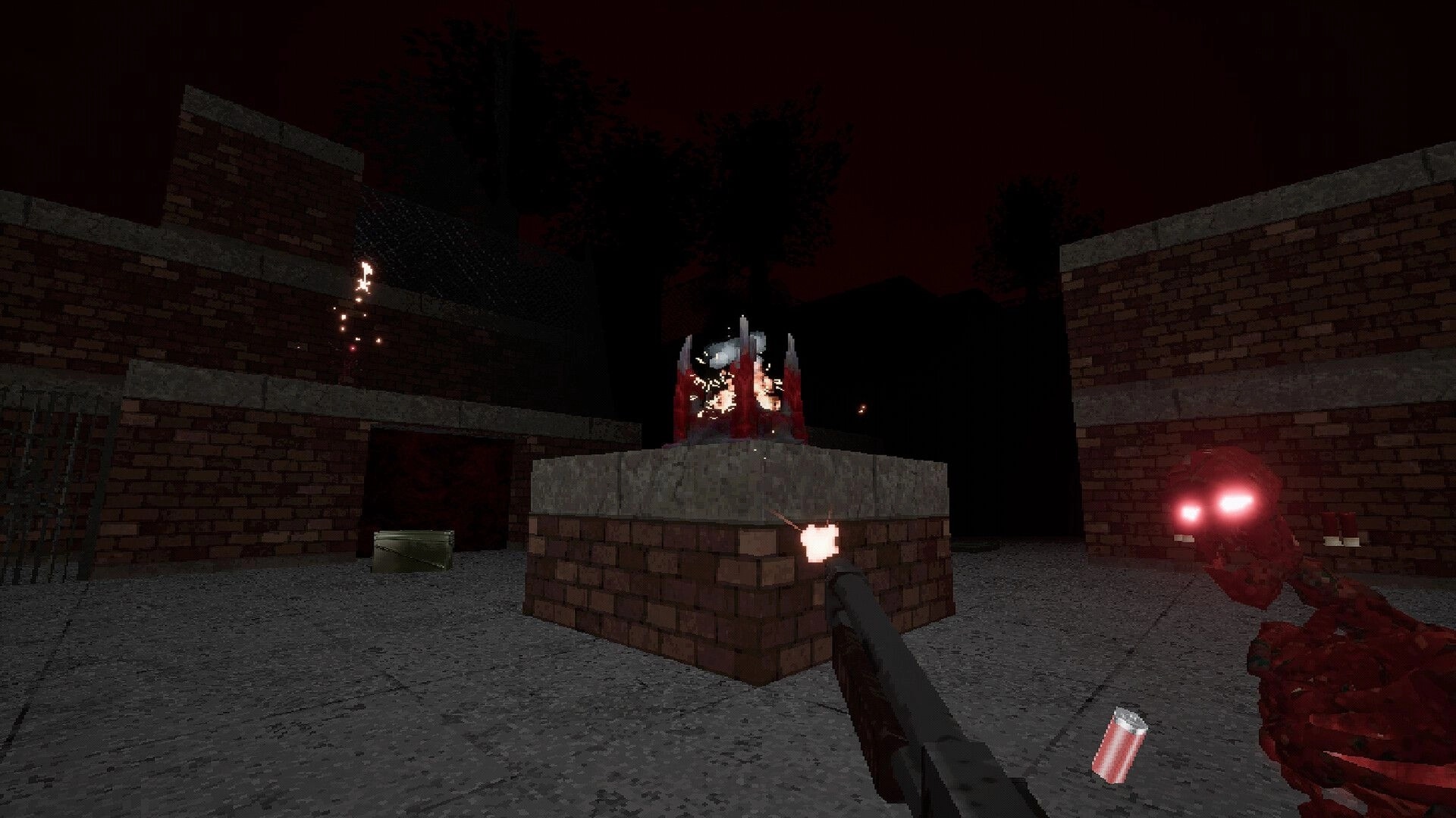 End Them, Soldier!: Firing at glowing-eyed creature near brick structures under dark red sky.