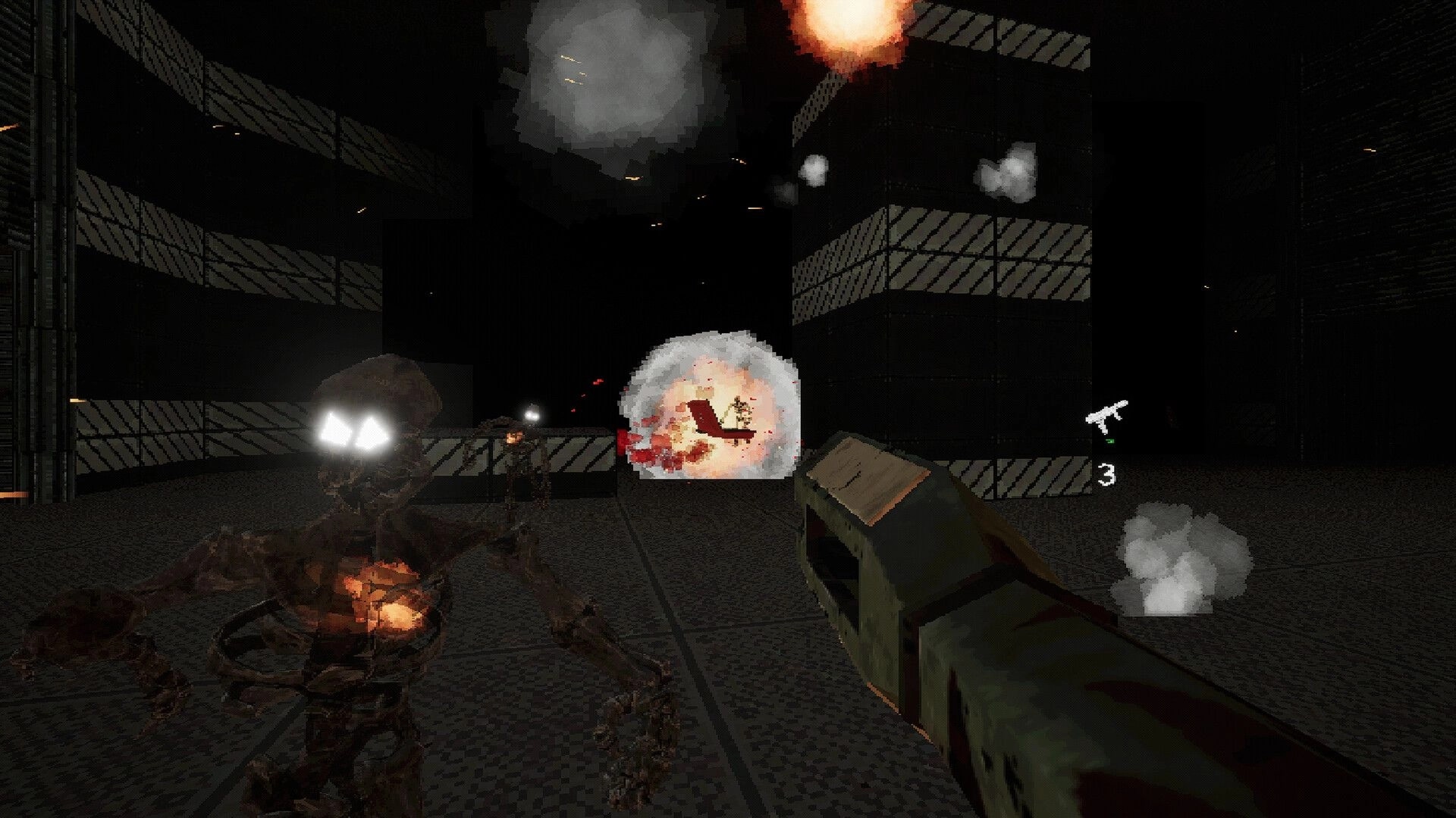 End Them, Soldier!: Firing weapon at glowing-eyed skeletons in dark industrial hallway with explosion effects