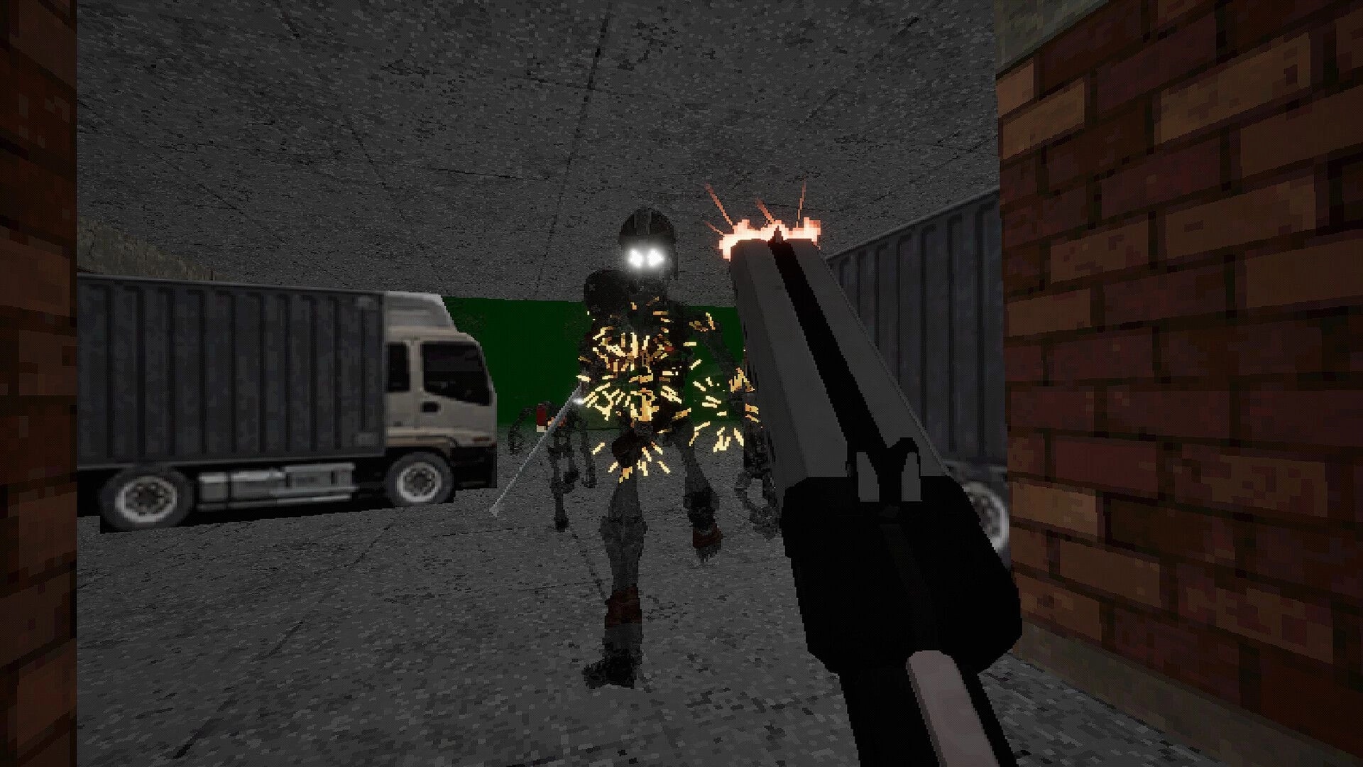 End Them, Soldier!: Firing at a glowing-eyed enemy robot in a tunnel with parked trucks on each side.