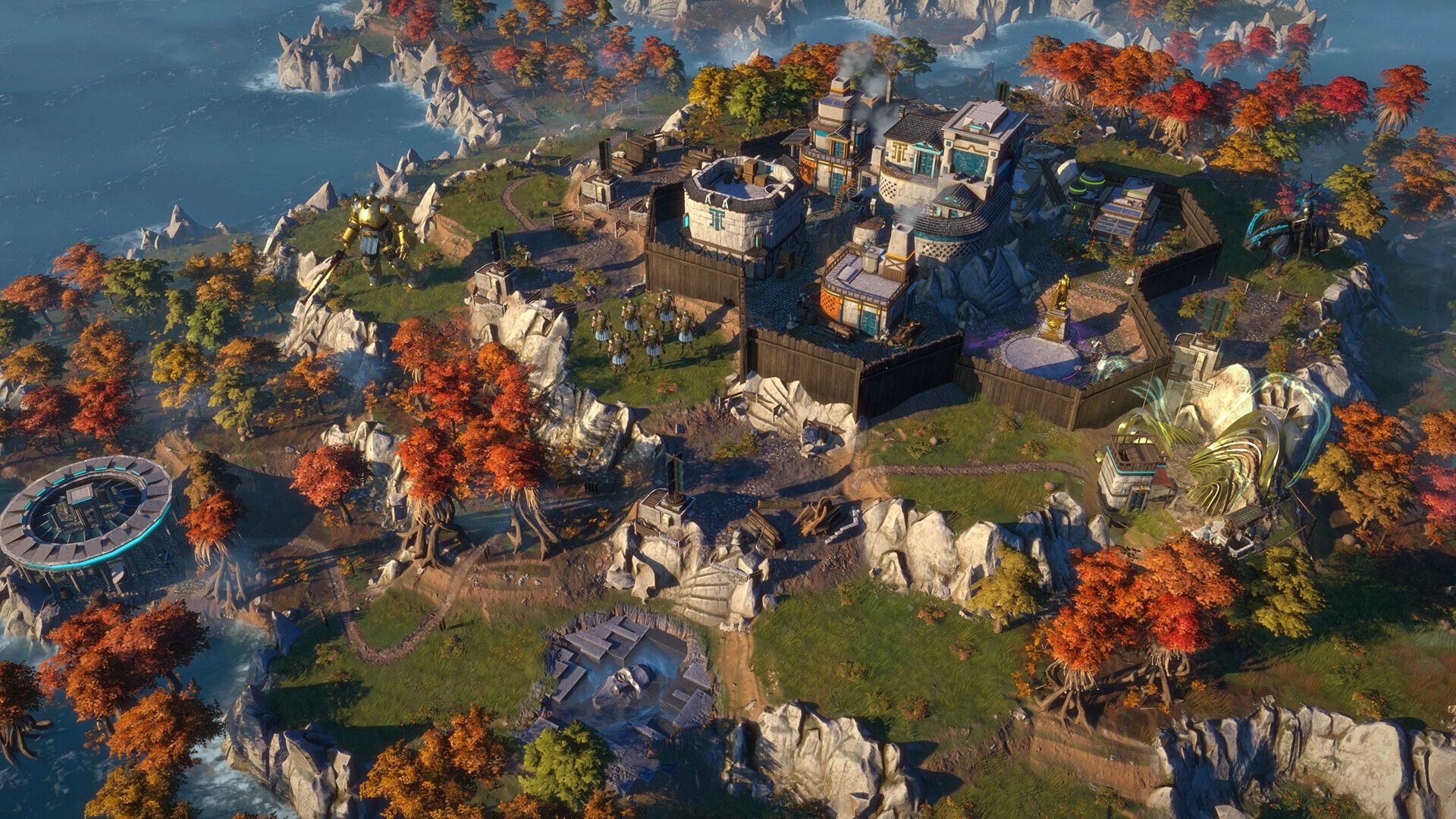 ENDLESS™ Legend 2: Aerial view of a fortified village surrounded by autumn trees and rocky terrain