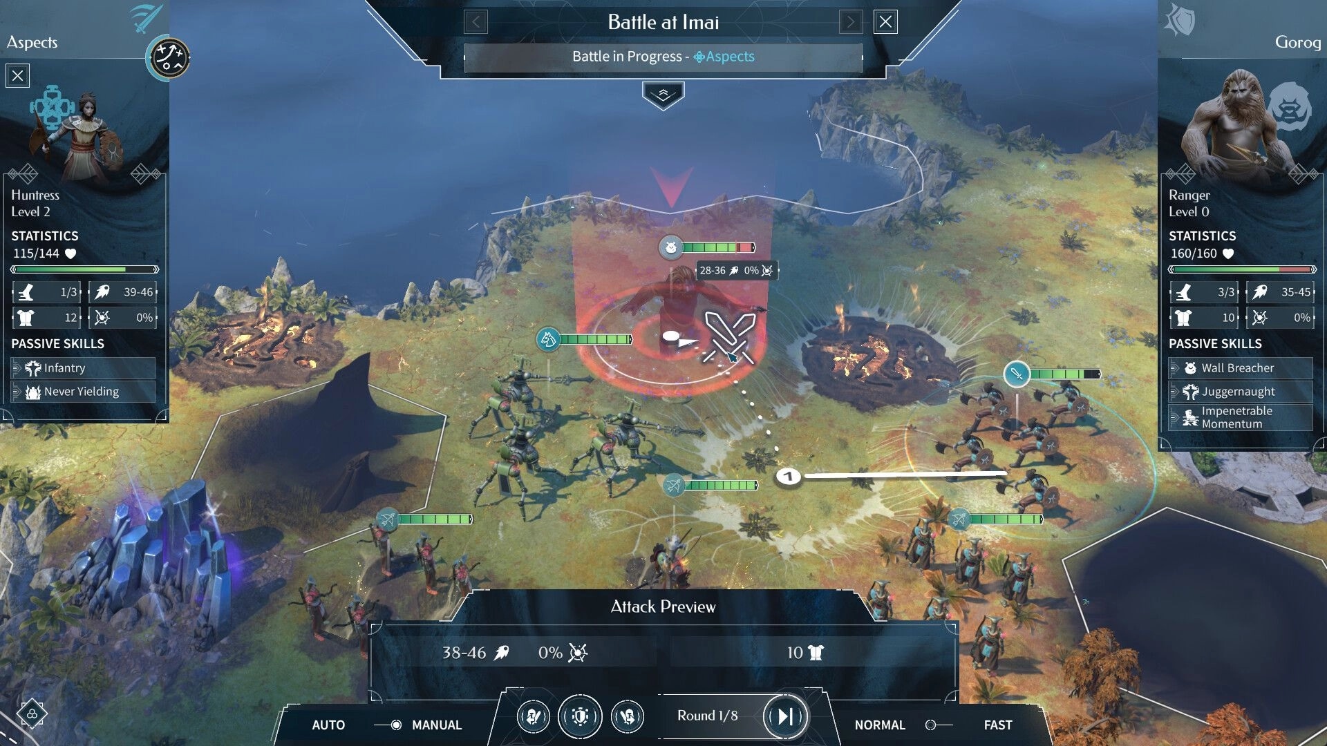 ENDLESS™ Legend 2: Battle at Imai in progress with unit stats and attack preview on grassy terrain