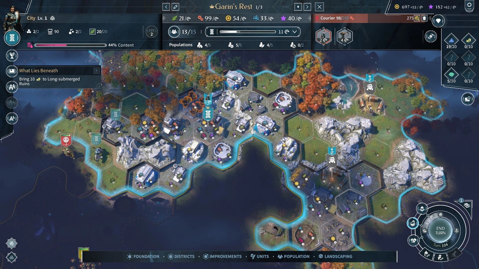 ENDLESS™ Legend 2: City management interface with hexagonal map view and resource indicators visible