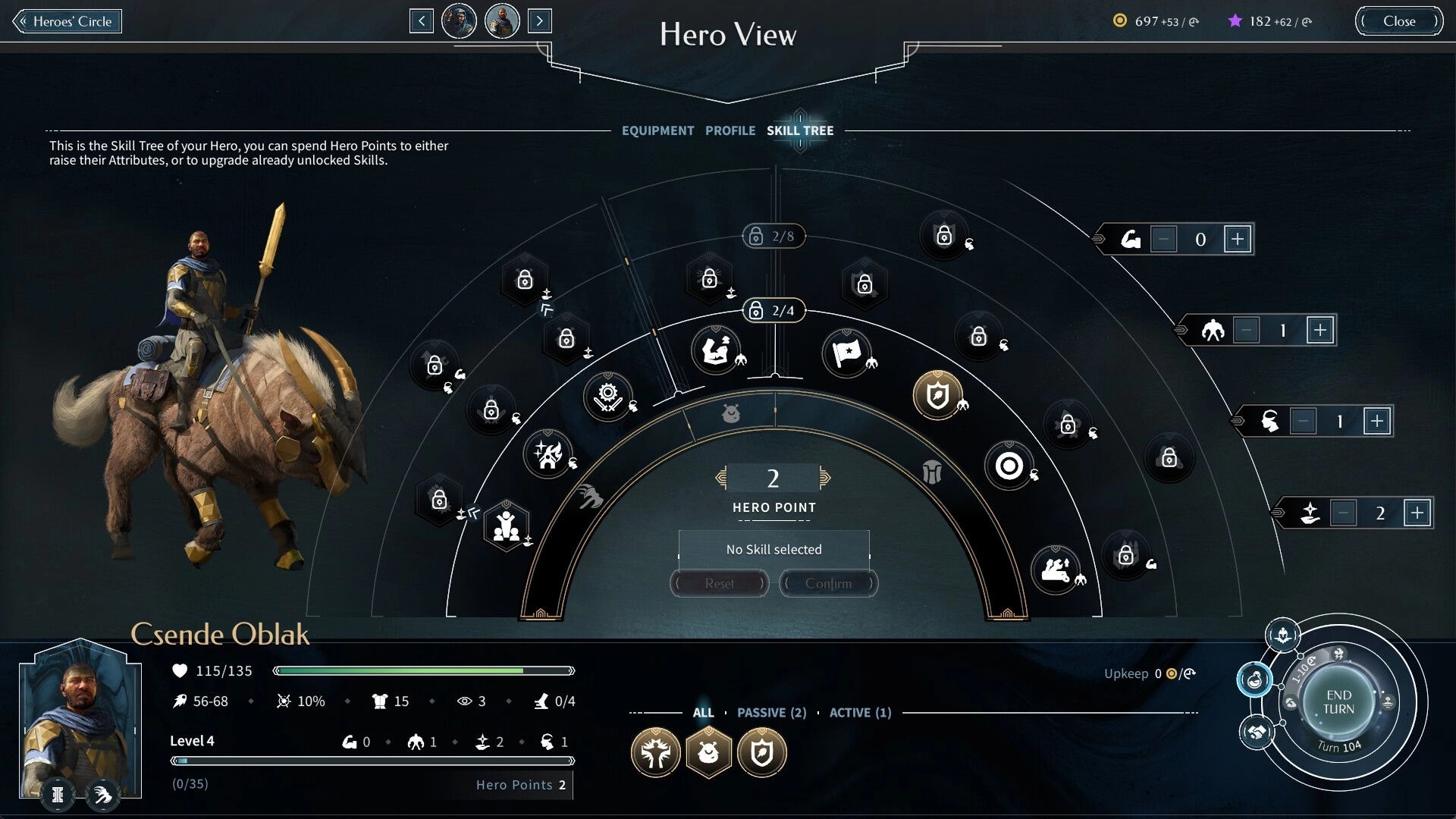 ENDLESS™ Legend 2: Hero skill tree interface with Csende Oblak mounted on creature