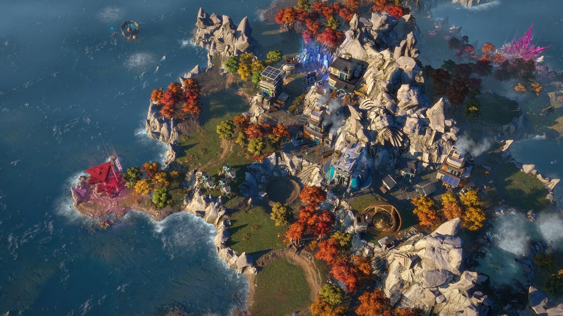 ENDLESS™ Legend 2: Expansive cityscape on rocky island surrounded by ocean and autumnal trees