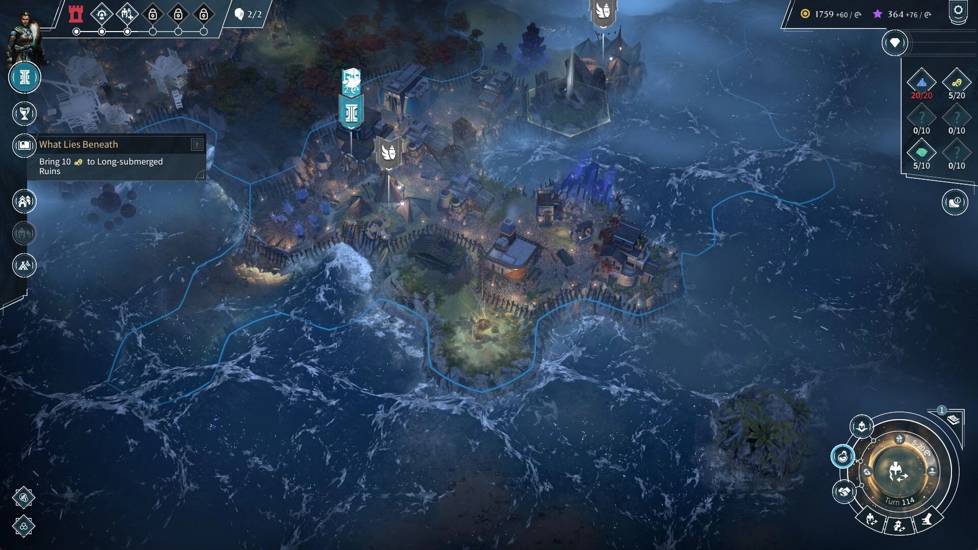 ENDLESS™ Legend 2: Coastal city overview with strategic icons and quest details on stormy ocean backdrop