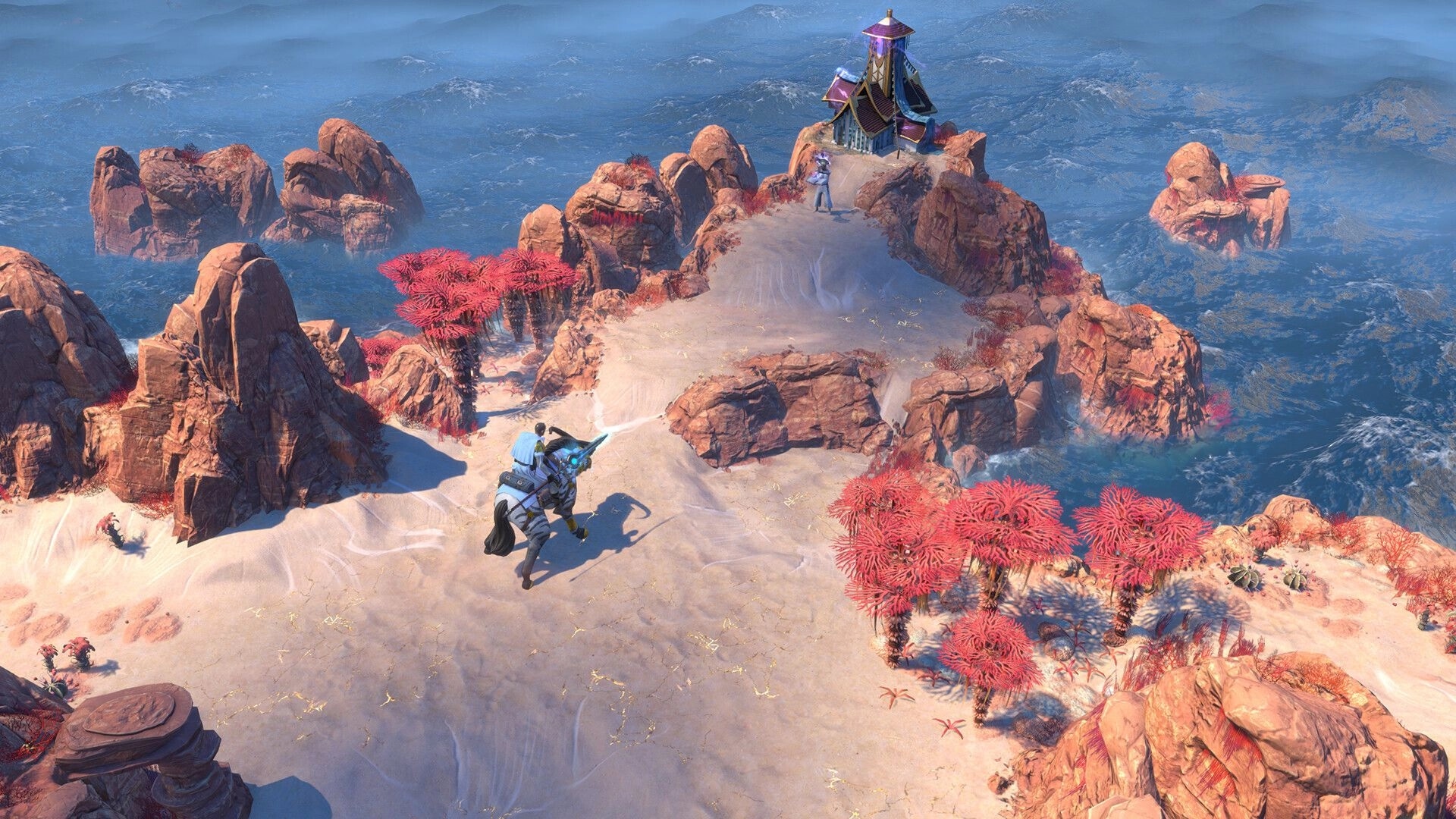ENDLESS™ Legend 2: Hero on horseback approaching a mountaintop shrine in a rocky, desert landscape